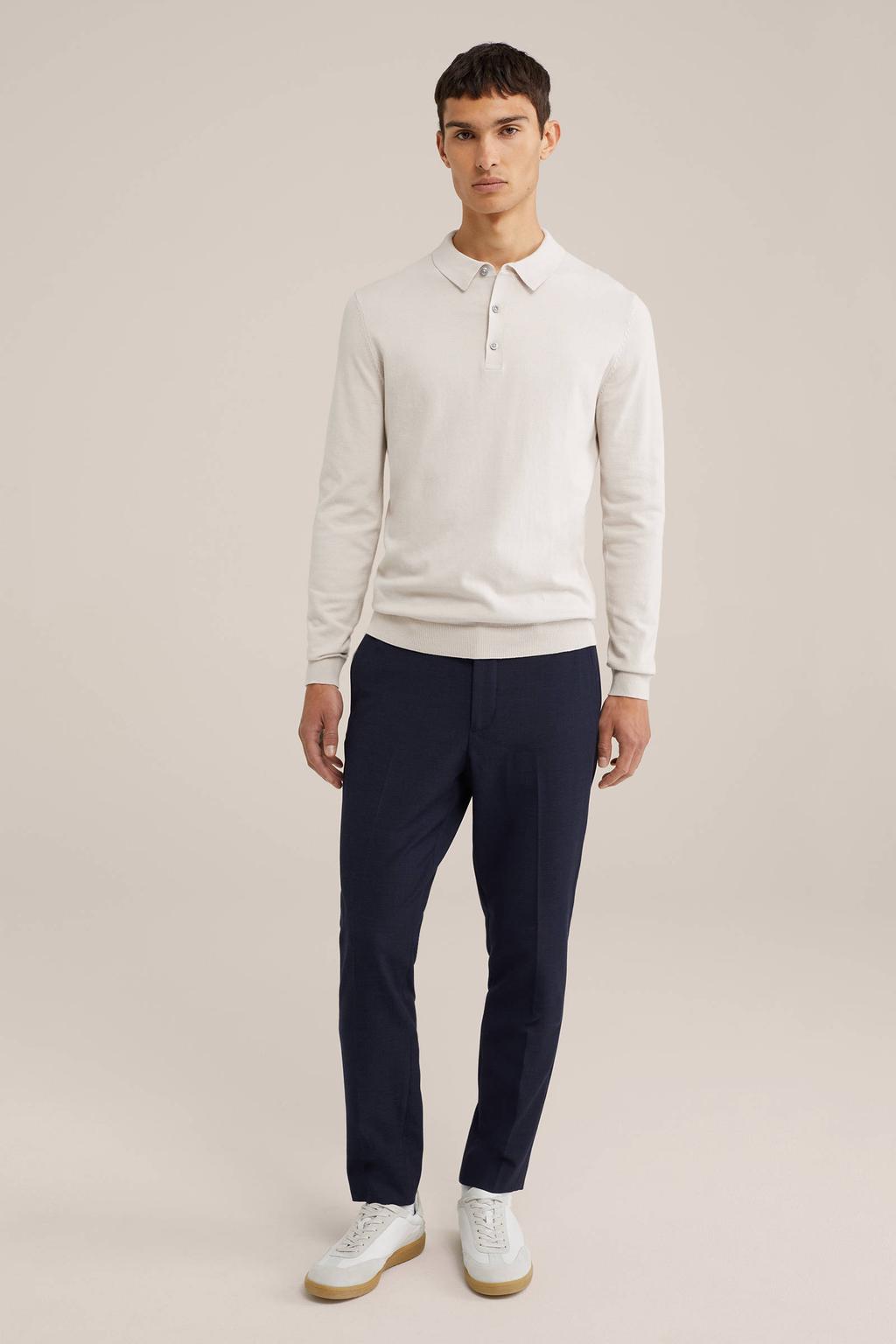 Ecru heren WE Fashion regular polo gebreid van katoen met effen, lange mouwen en knoopsluiting