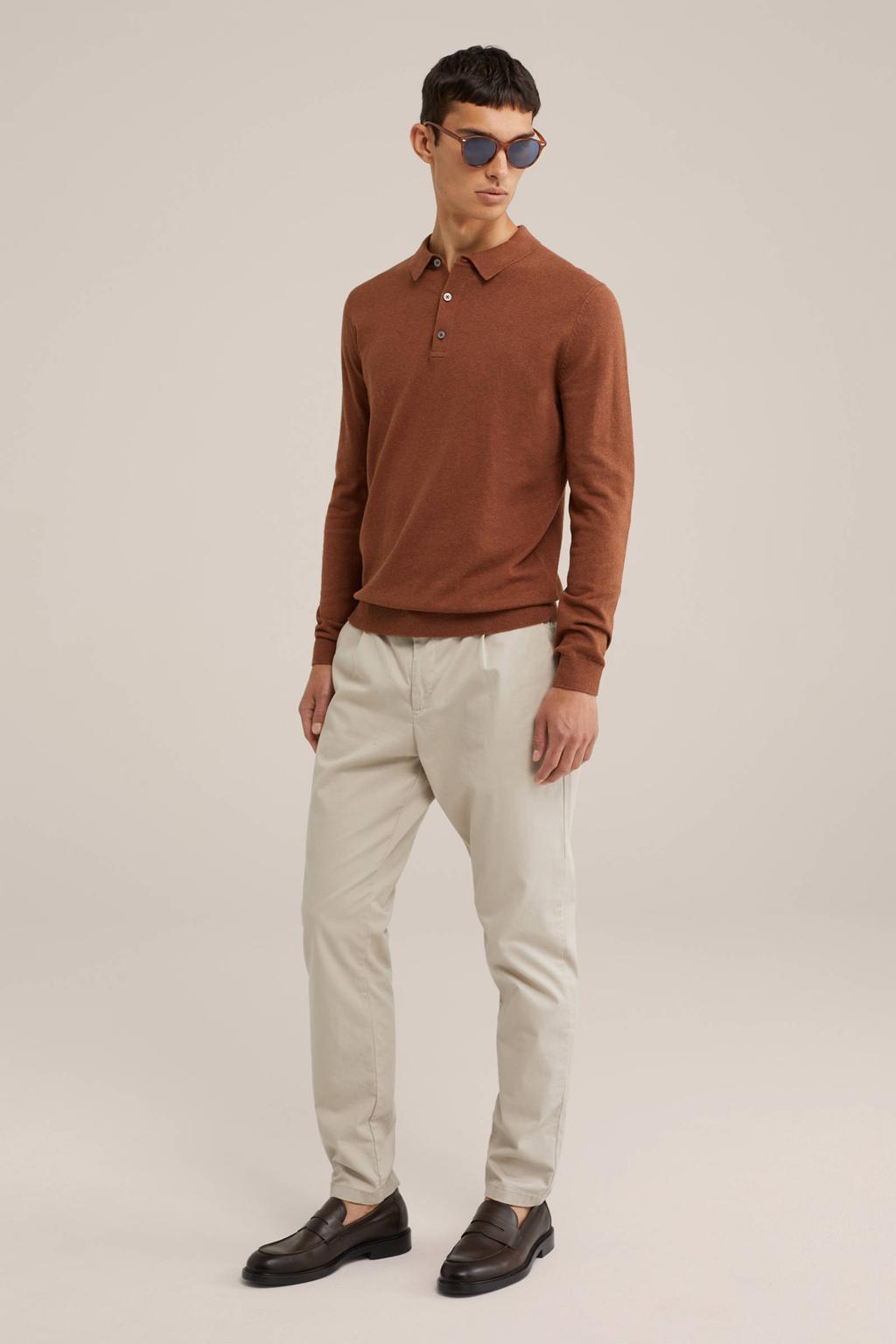 Donkerblauwe heren WE Fashion regular polo gebreid van katoen met effen, lange mouwen en knoopsluiting