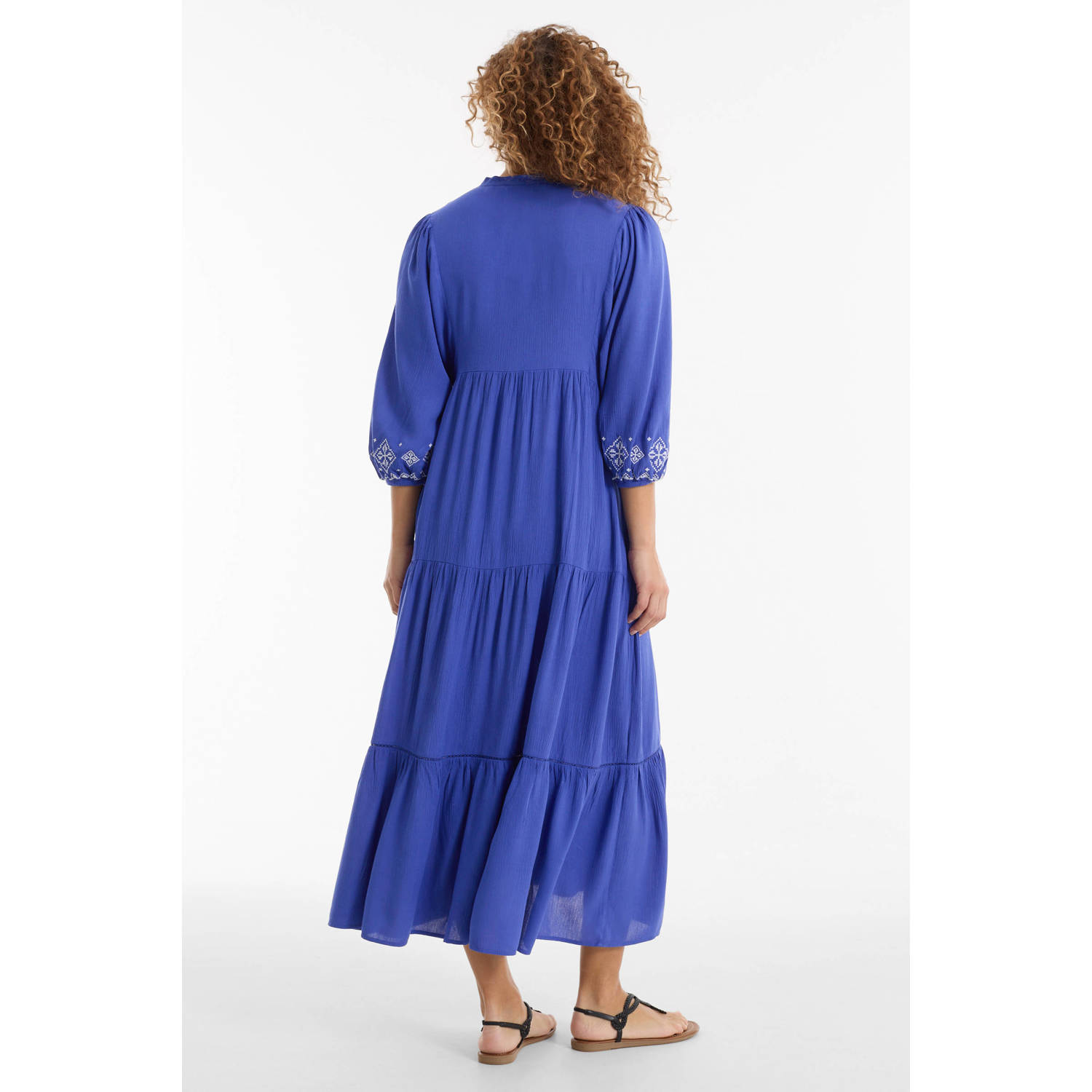 anytime midi jurk met borduursel blauw