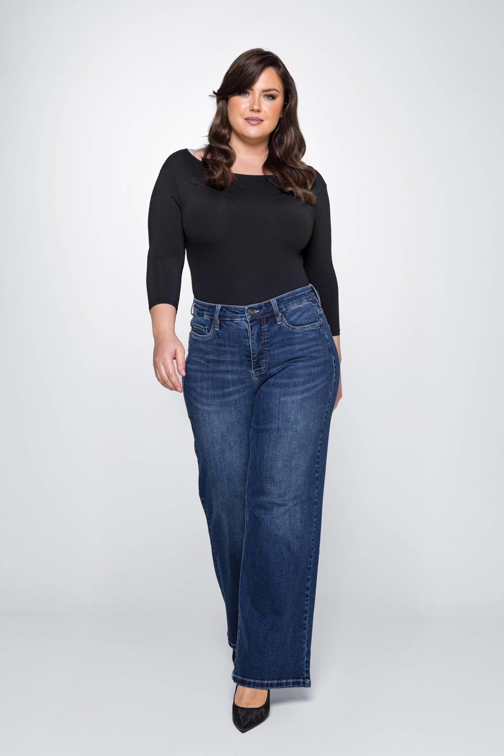 Blauwe dames Fox Factor high waisted wide leg jeans van denim met rits- en knoopsluiting en effen