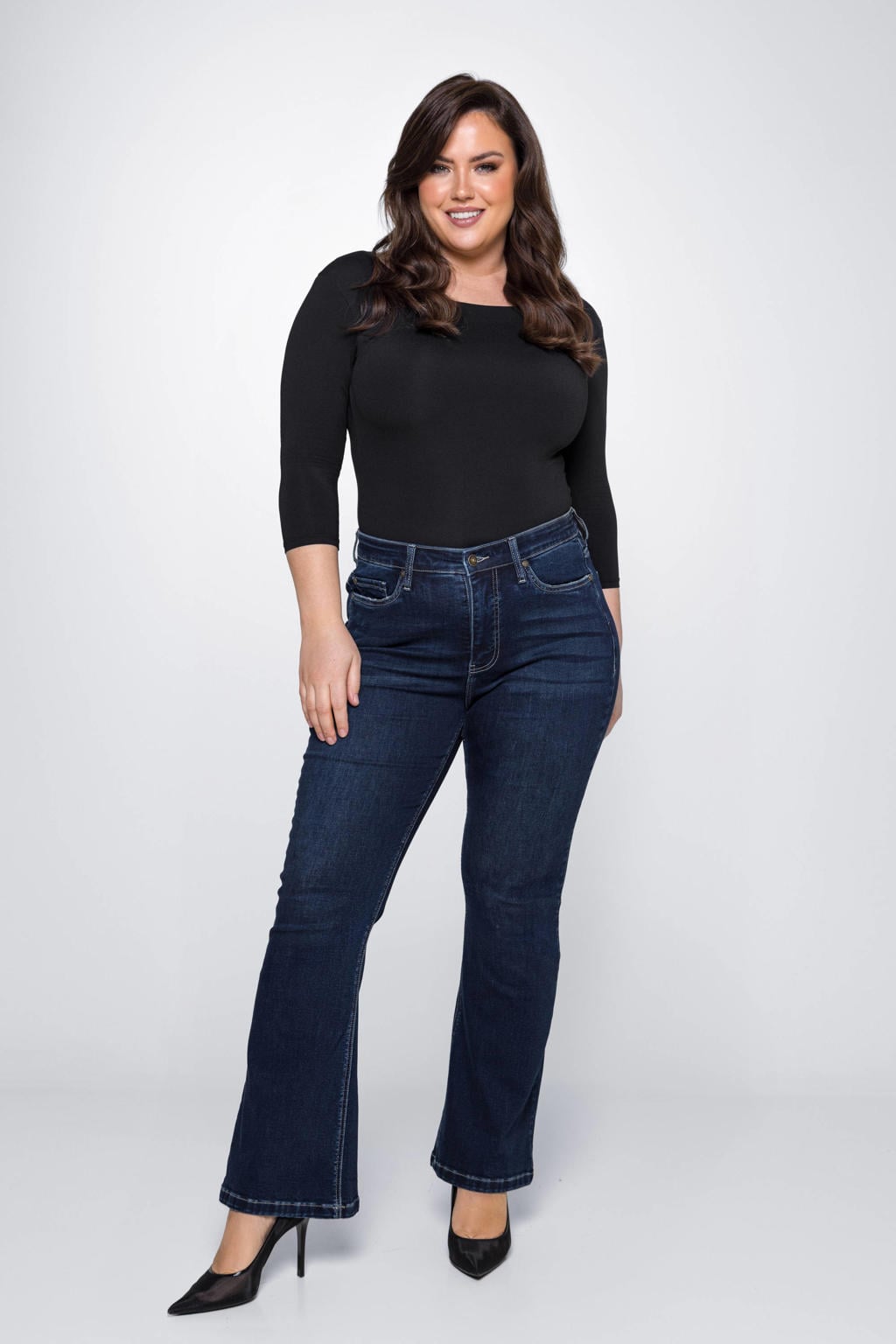 Blauwe dames Fox Factor high waist flared jeans van katoen met rits- en knoopsluiting en effen