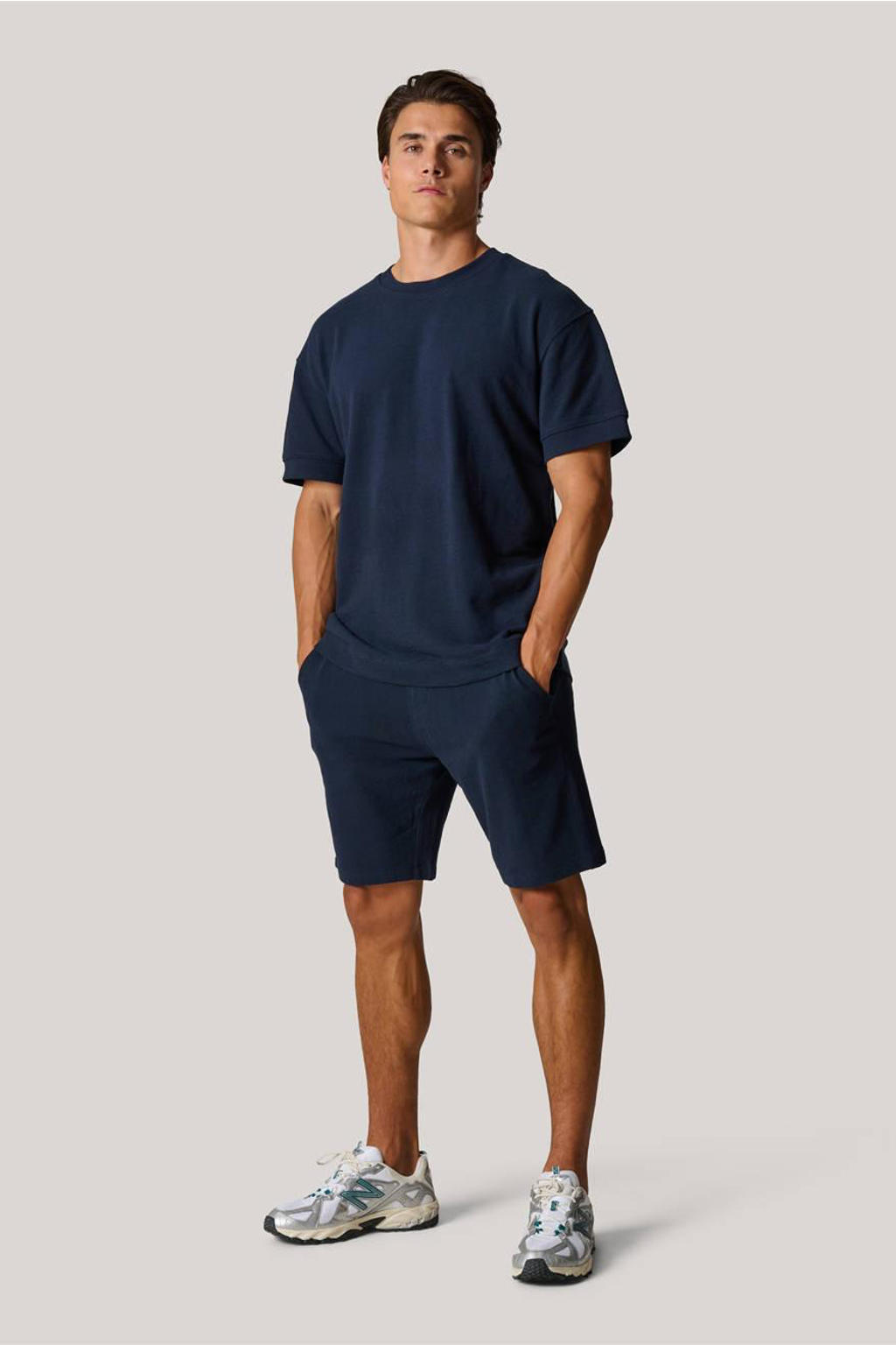 Blauwe heren Shoeby badstof oversized T-shirt met effen, korte mouwen en ronde hals