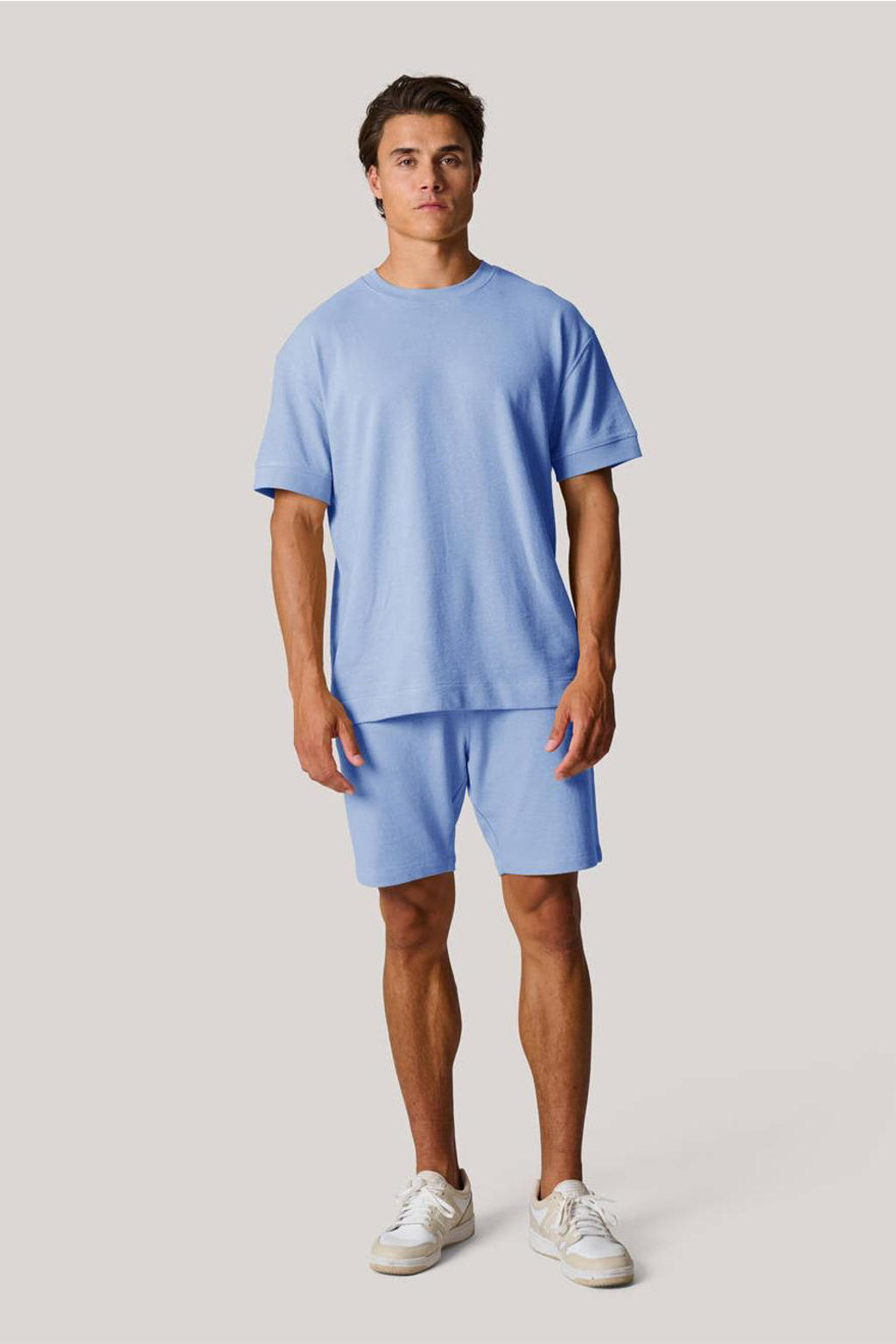 Blauwe heren Shoeby badstof oversized T-shirt met effen, korte mouwen en ronde hals