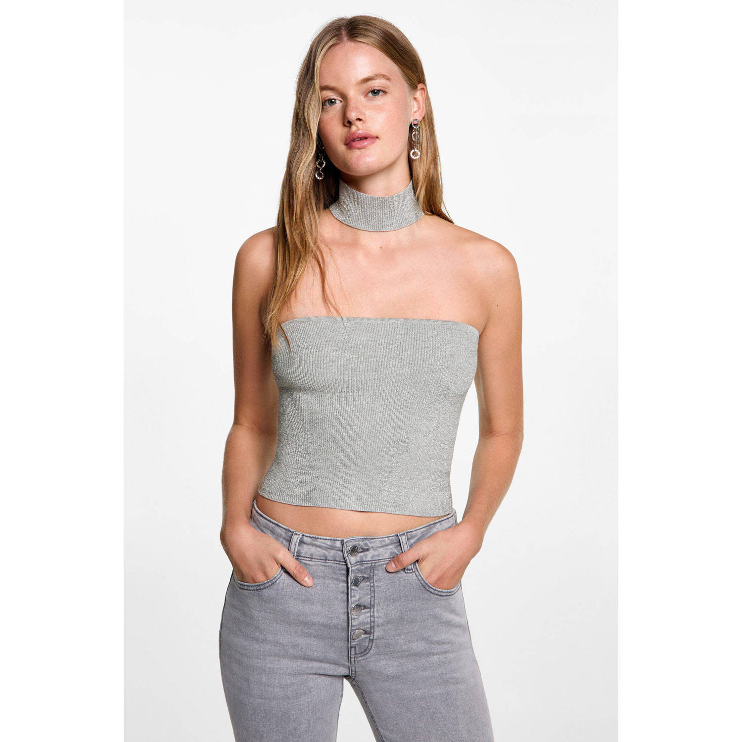 MANGO TEEN strapless top met losse choker zilver