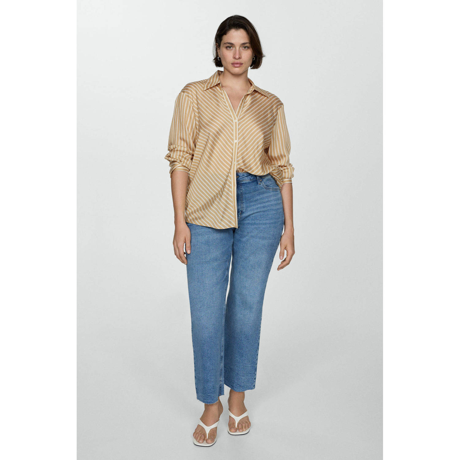 Mango gestreepte blouse beige ecru