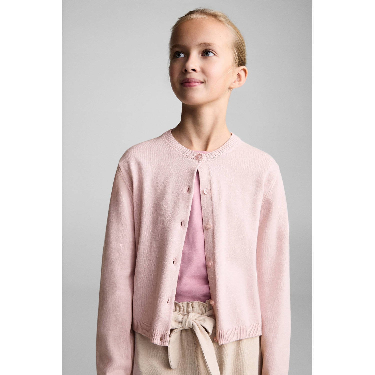 Mango Kids vest lichtroze fijn gebreid