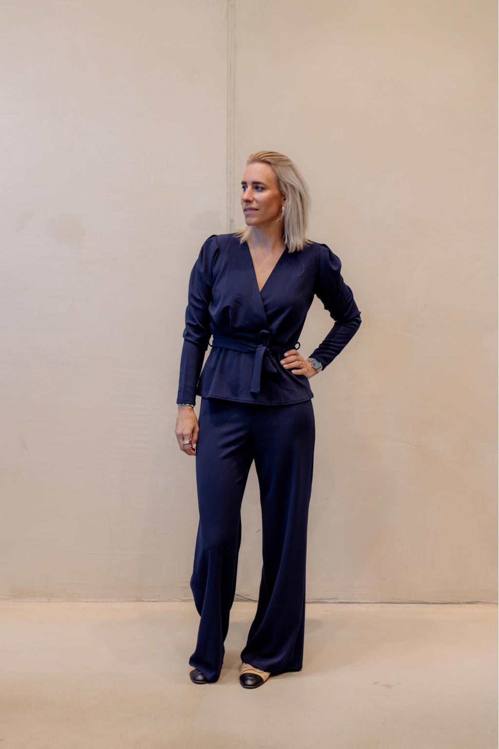 Donkerblauwe dames SisterS Point high waist wide leg broek met effen