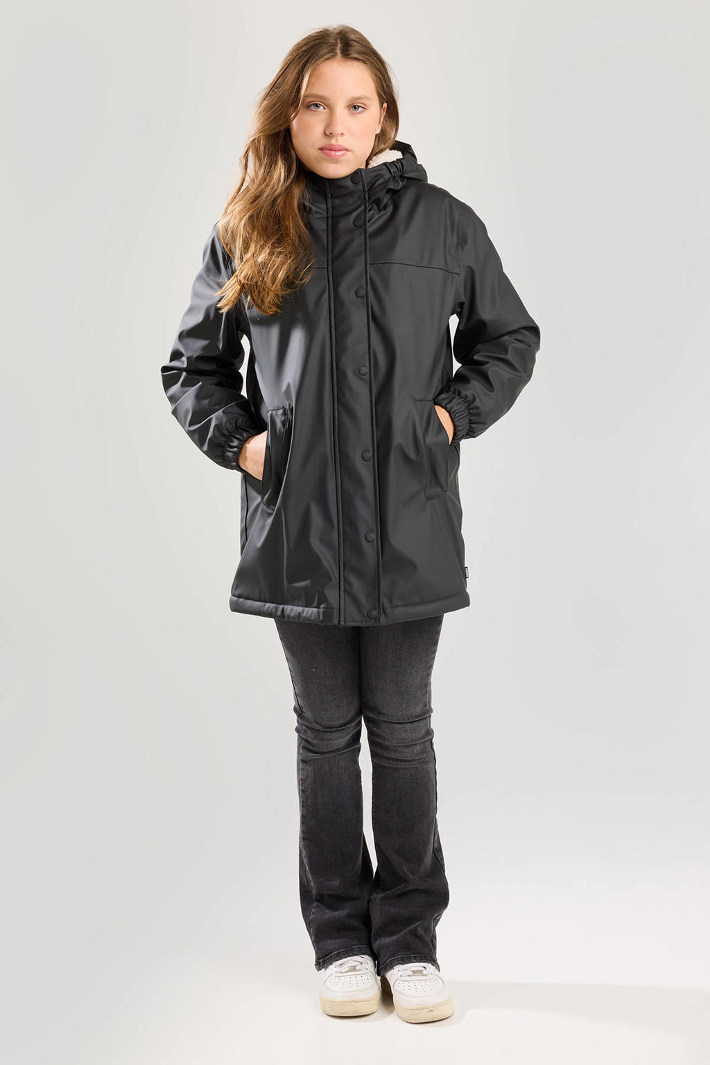 Zwarte meisjes America Today regenjas van polyester met effen, lange mouwen, capuchon en rits- en drukknoopsluiting