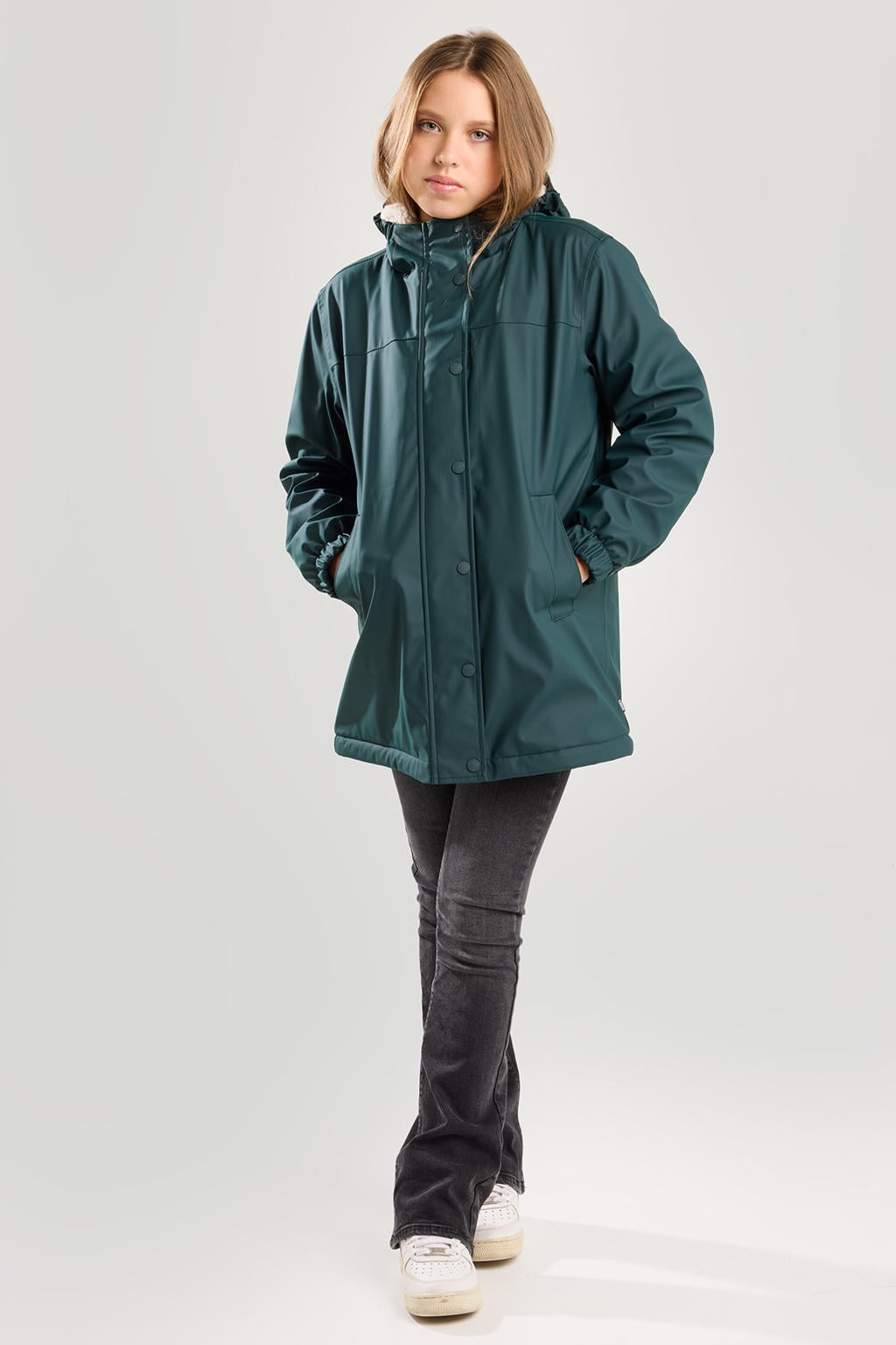 Groene meisjes America Today regenjas van polyester met effen, lange mouwen, capuchon en rits- en drukknoopsluiting
