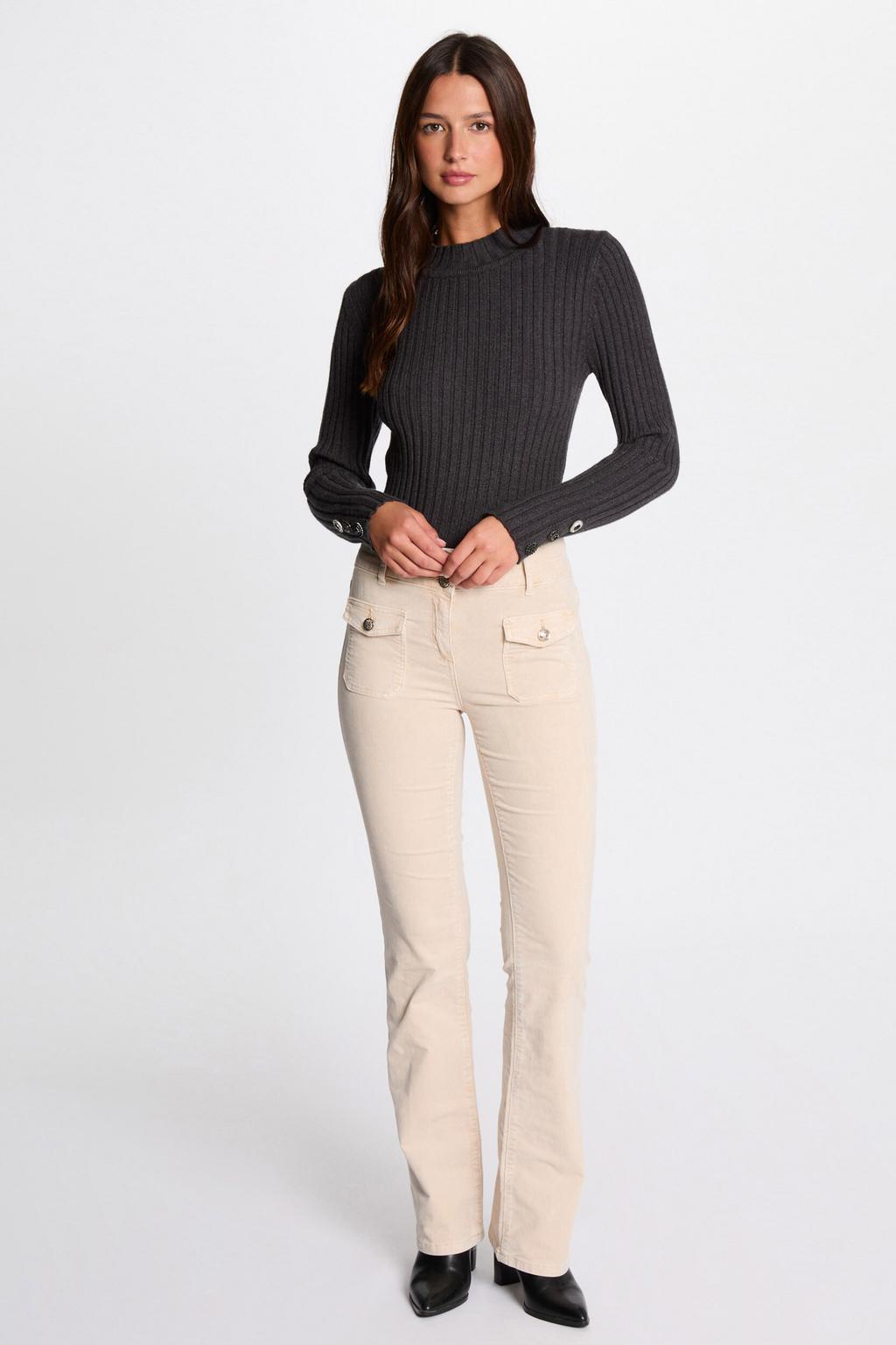 Ecru dames Morgan flared regular waist casual broek van stretchkatoen met rits- en knoopsluiting en effen
