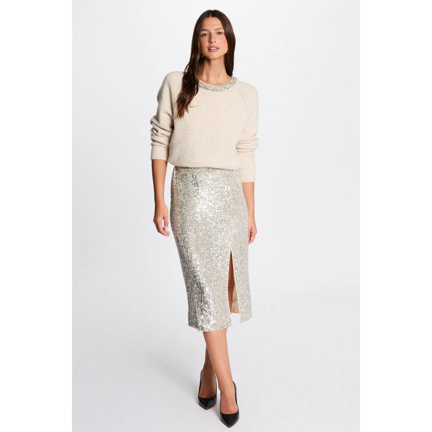 Morgan midi rok met pailletten zand