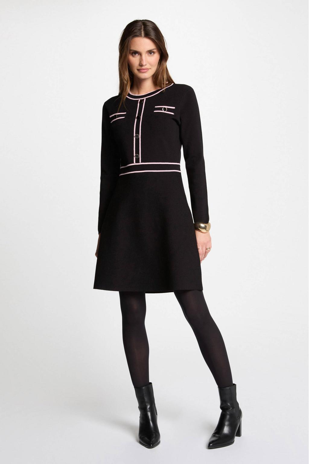 Zwart en lichtroze dames Morgan jurk met contrastbies van viscose met effen, lange mouwen en ronde hals