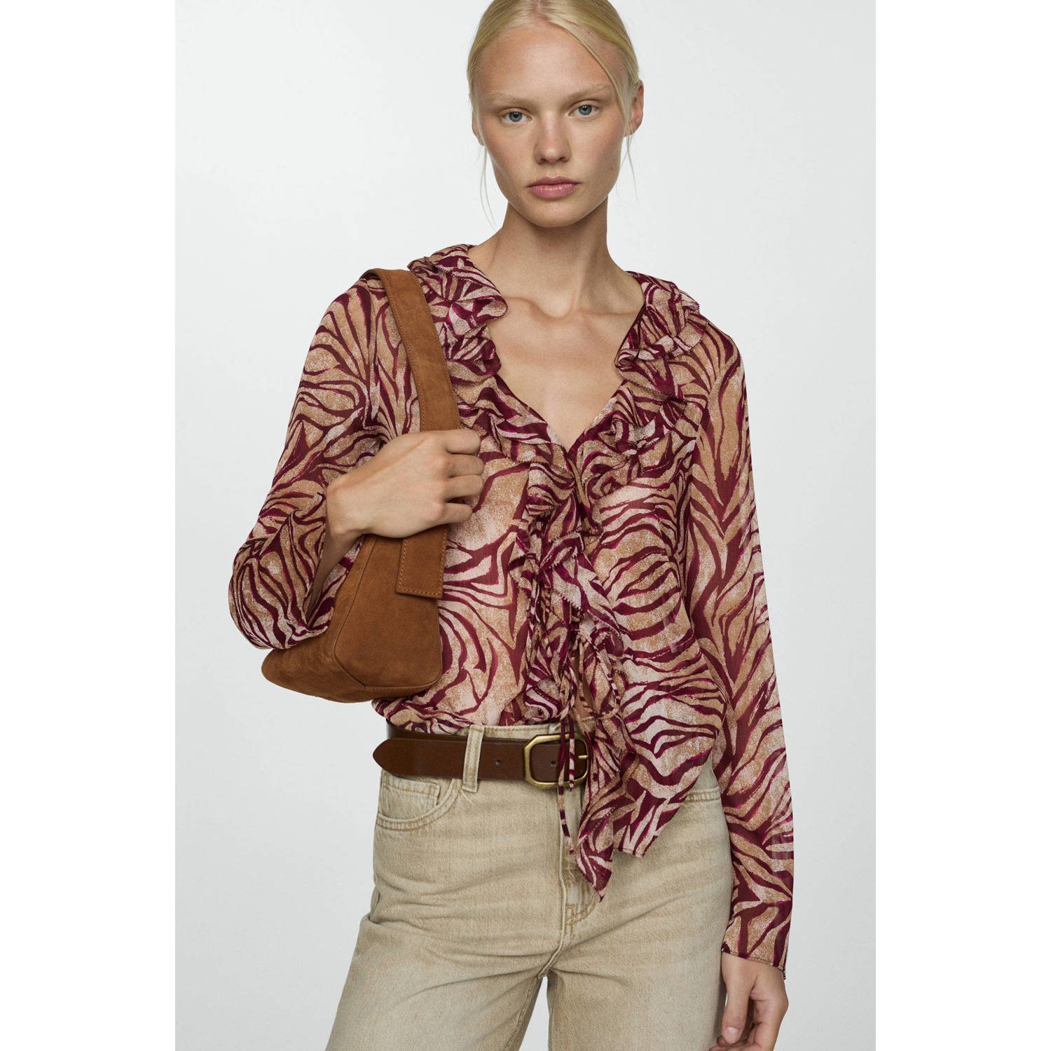 Mango blousetop met all over print en volant rood bruin