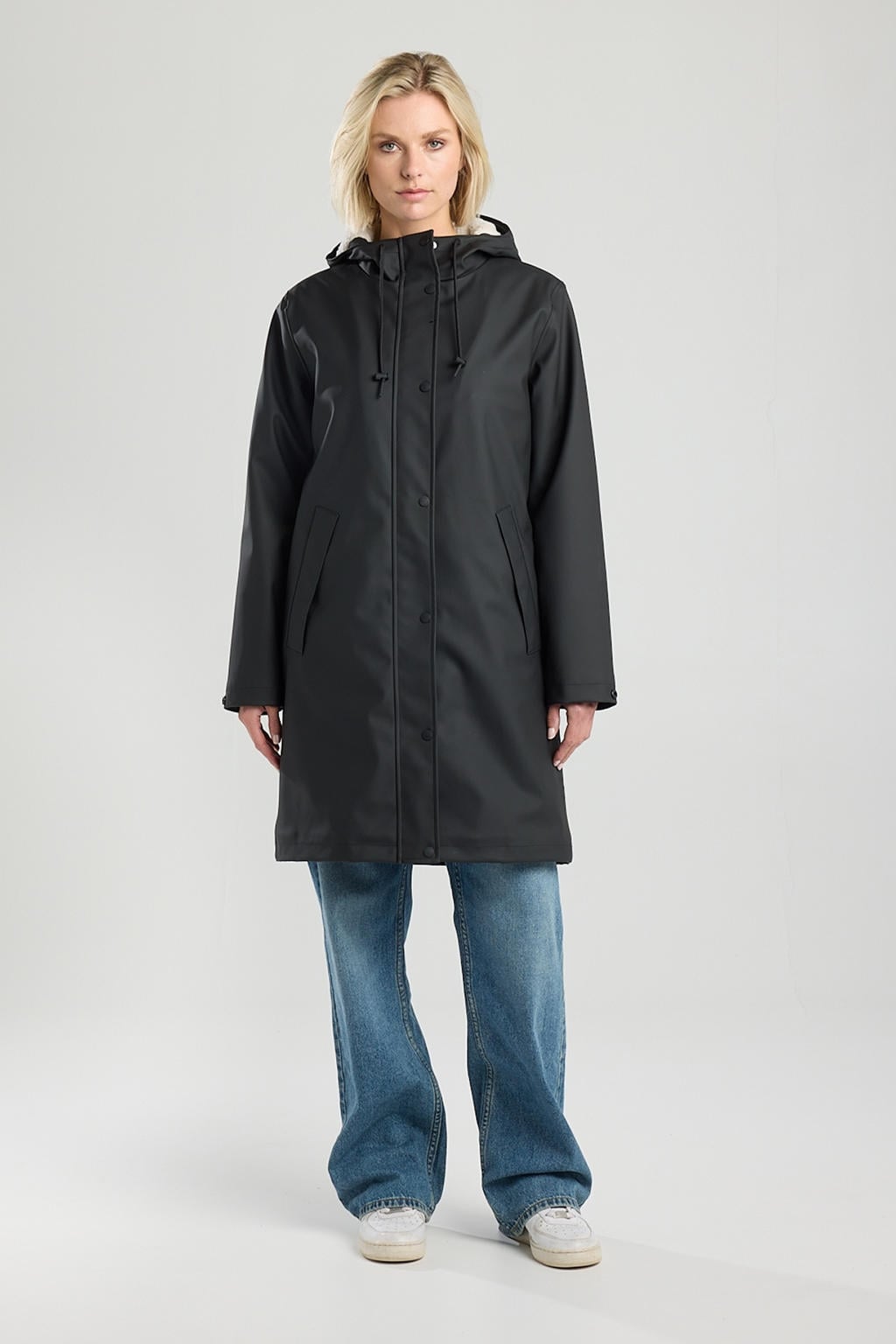 Zwarte dames America Today regenjas van polyester met effen, lange mouwen, capuchon en 2-way rits