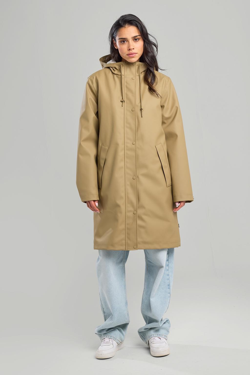 Bruine dames America Today regenjas van polyester met effen, lange mouwen, capuchon en 2-way rits