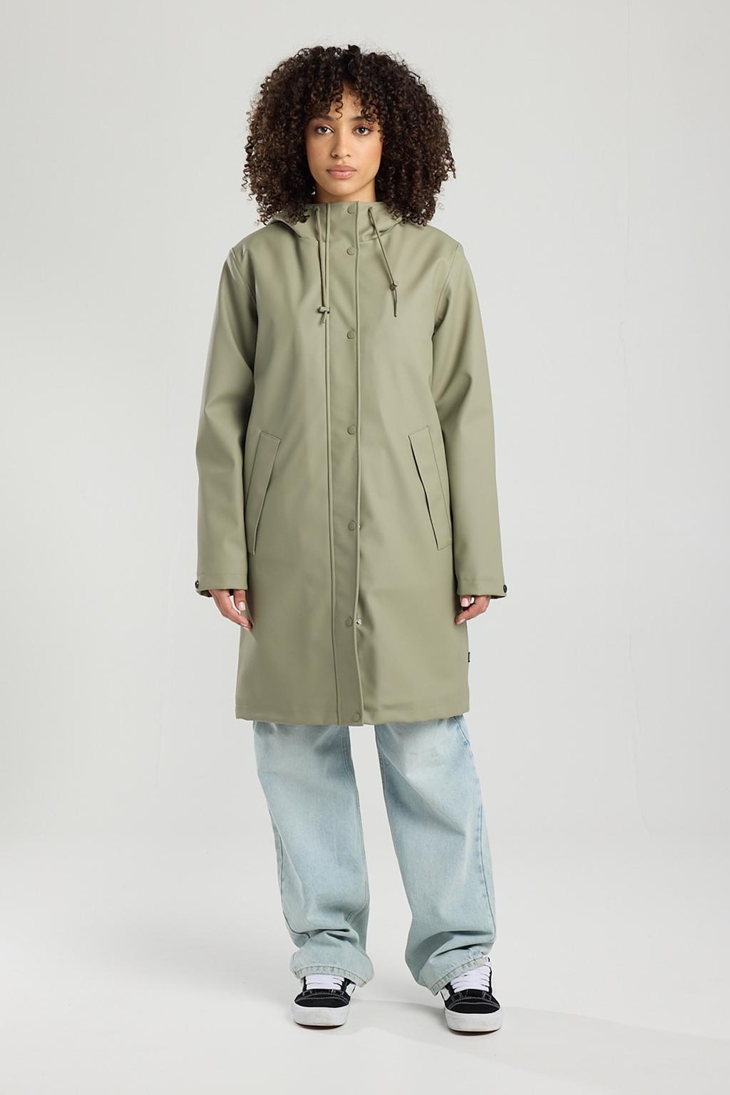 Taupe dames America Today regenjas van polyester met effen, lange mouwen, capuchon en 2-way rits