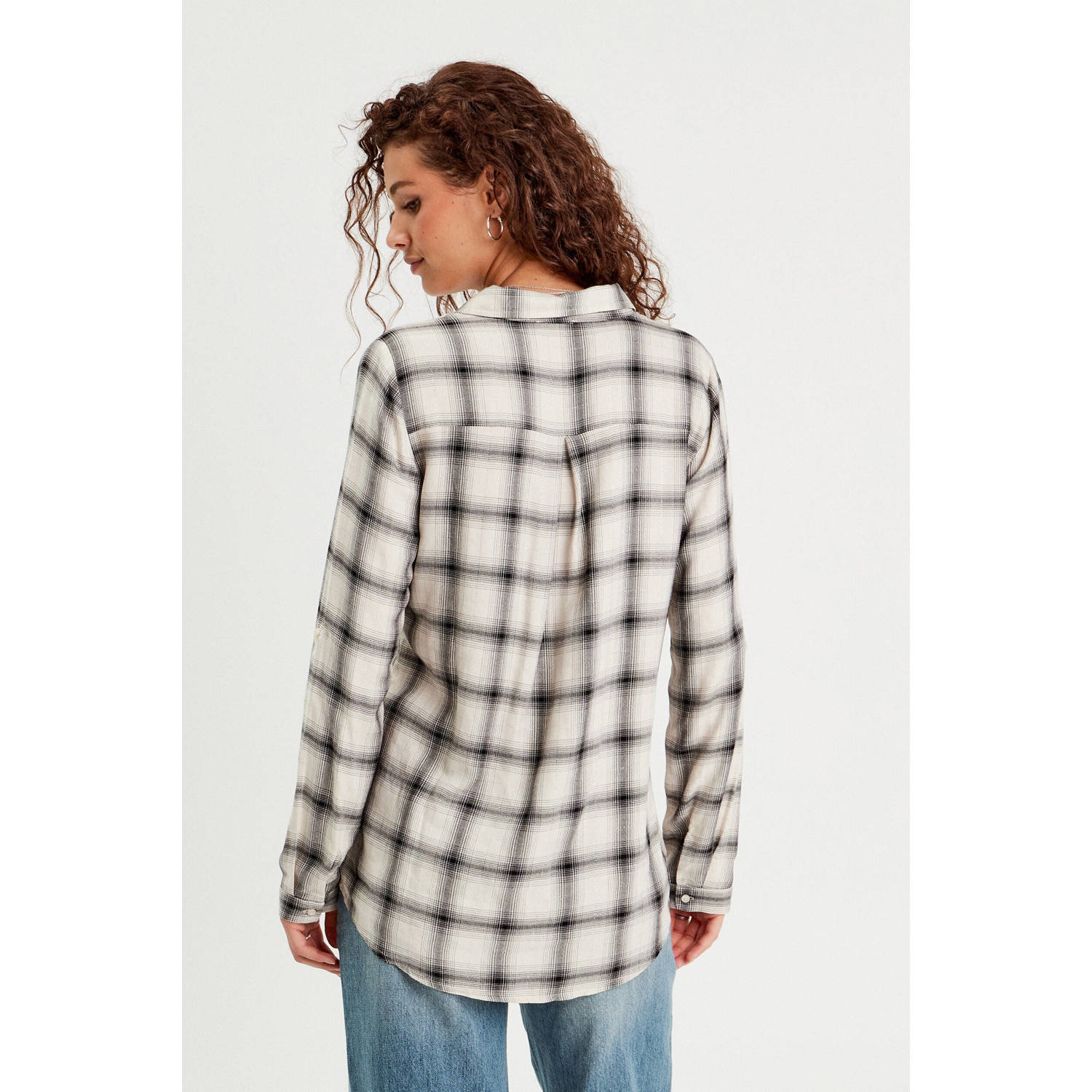 Cache geruite blouse ecru zwart