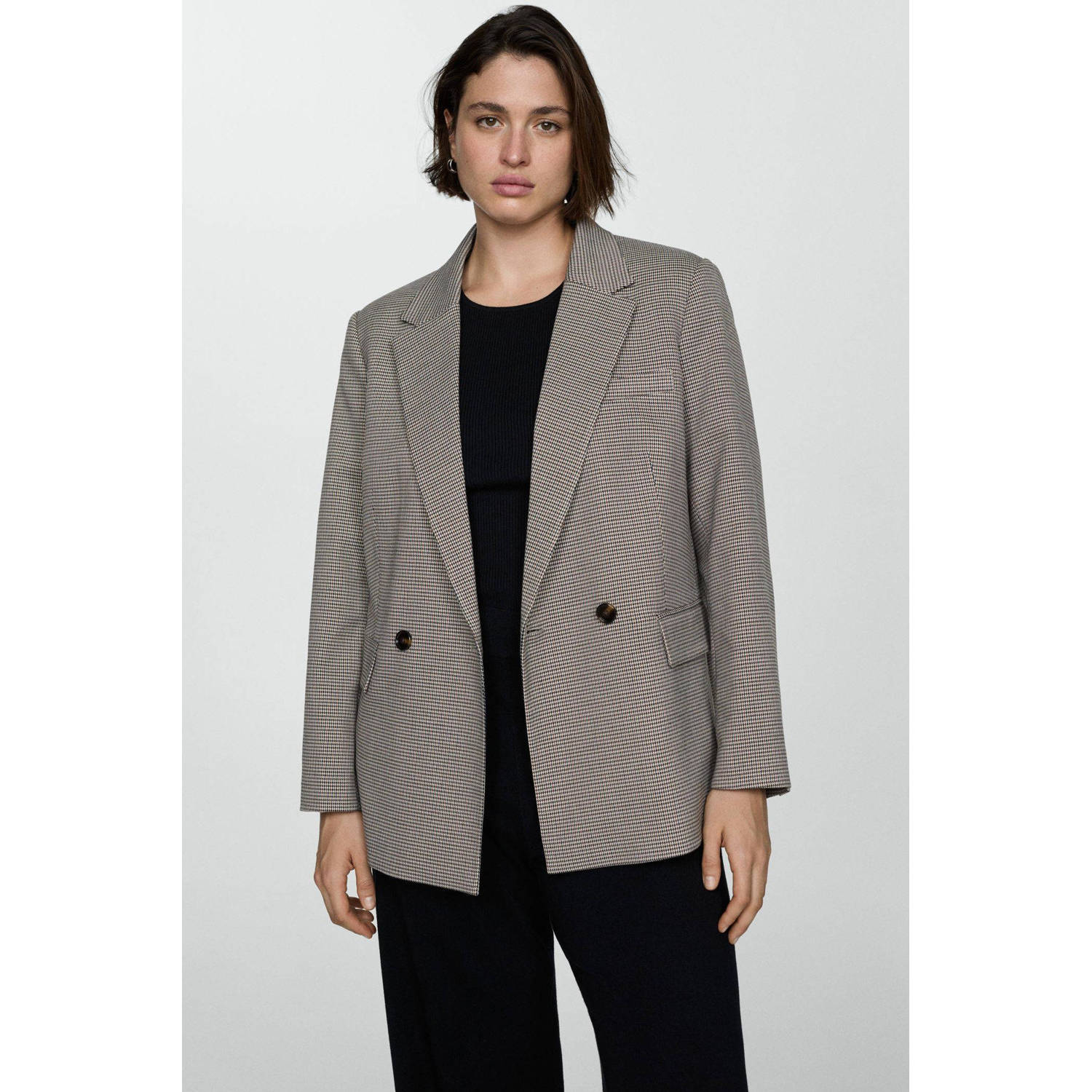 Mango geruite rechtvallende blazer bruin lichtbruin beige
