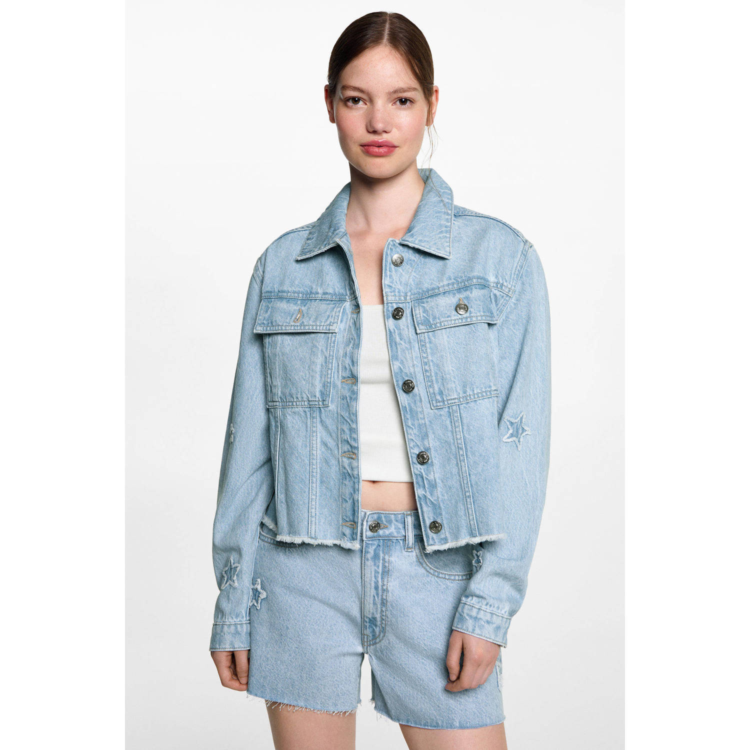 MANGO TEEN spijkerjas met sterren lichtblauw
