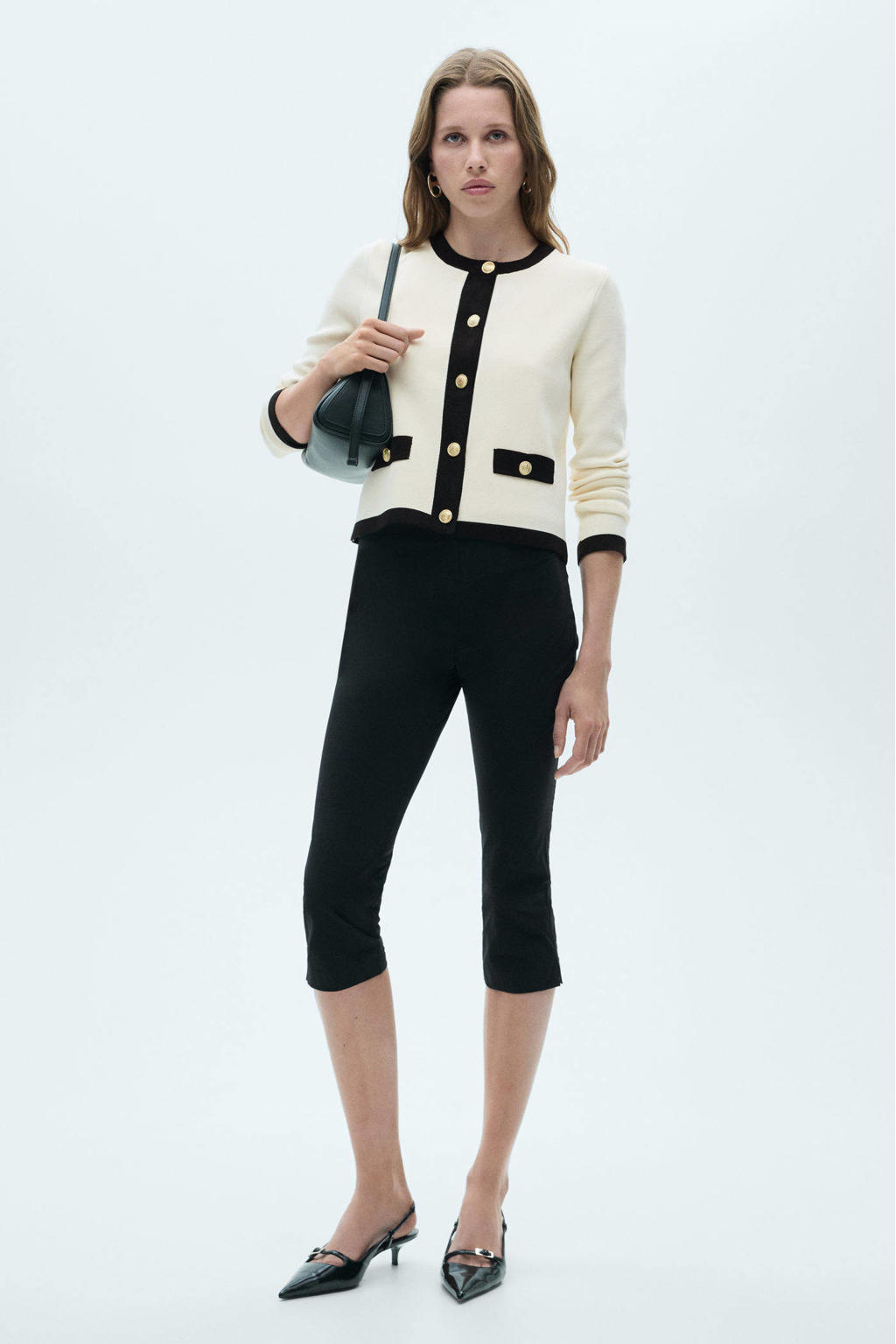 Ecru dames Mango gebreid vest van viscose met effen, lange mouwen en button down sluiting