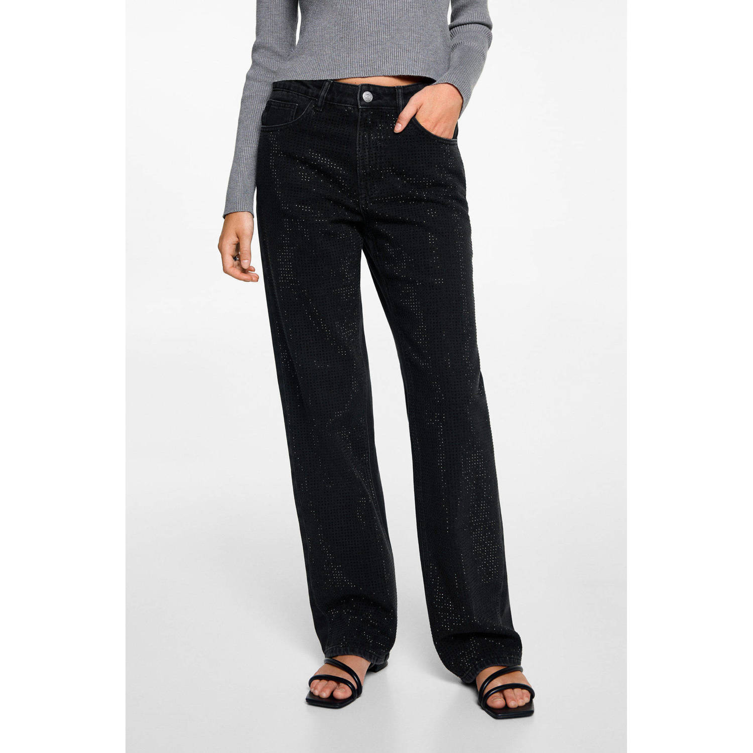 MANGO TEEN straight leg jeans met all over print zwart
