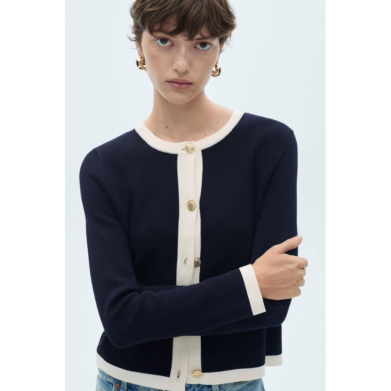 Mango gebreid vest donkerblauw ecru