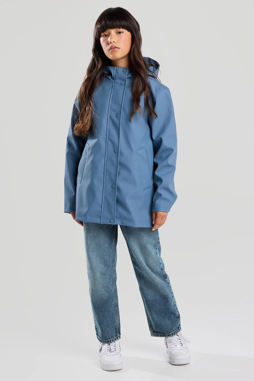 Blauwe meisjes America Today regenjas van polyester met effen, lange mouwen, capuchon en rits- en knoopsluiting