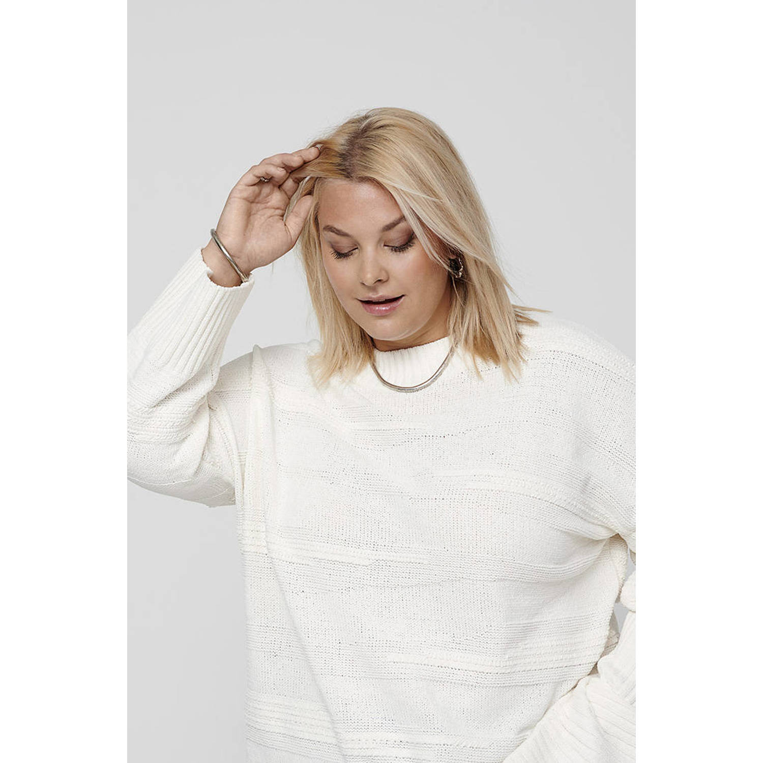 Only Carmakoma Losse Structuur O-Hals Gebreide Top White Dames
