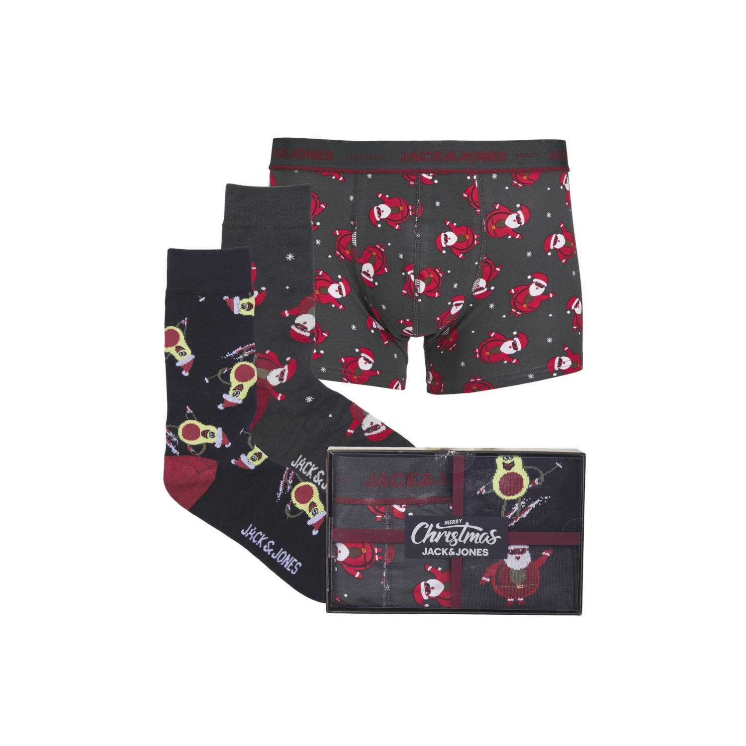 JACK & JONES giftbox boxershort + 2 paar sokken JACXMAS donkergroen met kerst print
