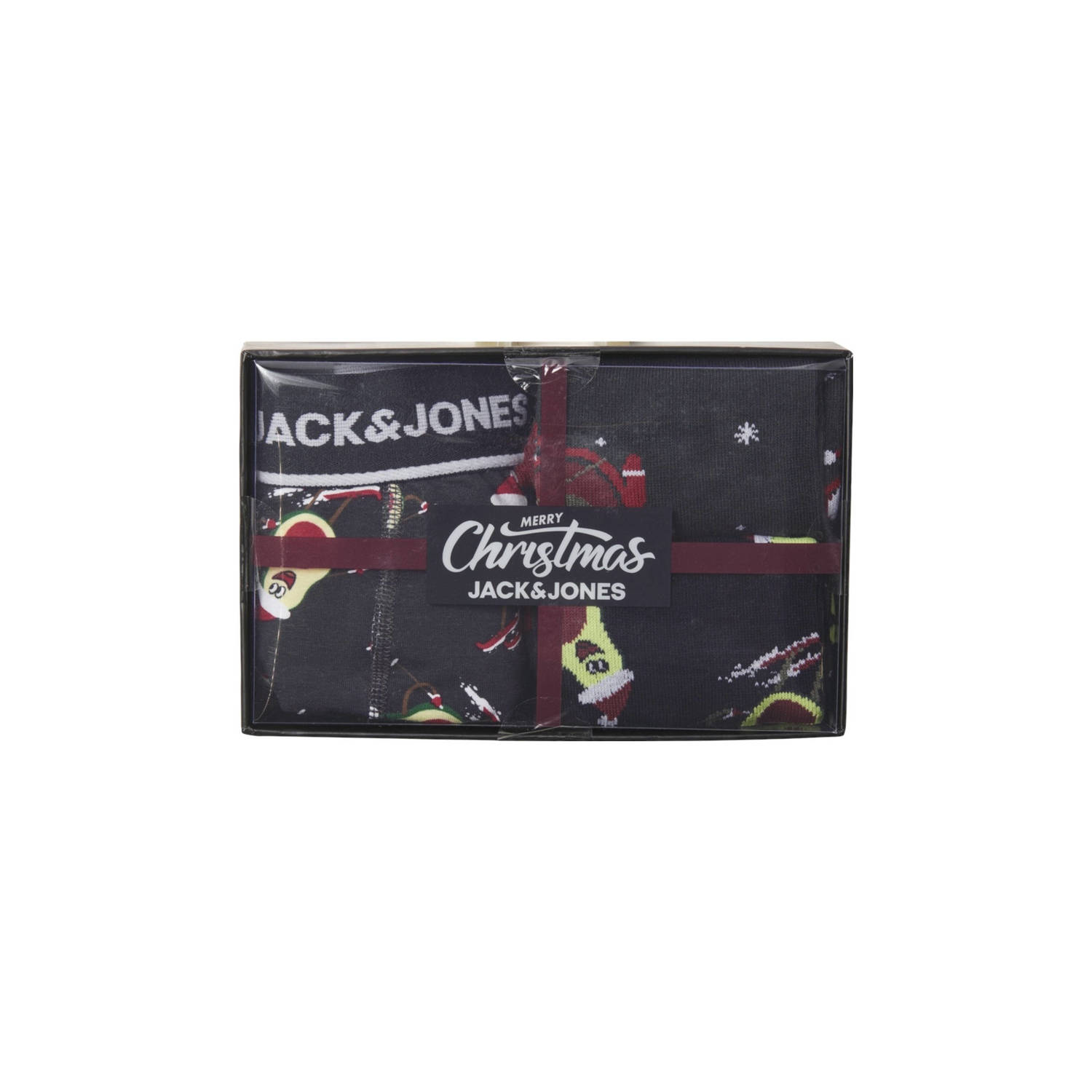 JACK & JONES giftbox boxershort + 2 paar sokken JACXMAS donkerblauw met kerst print