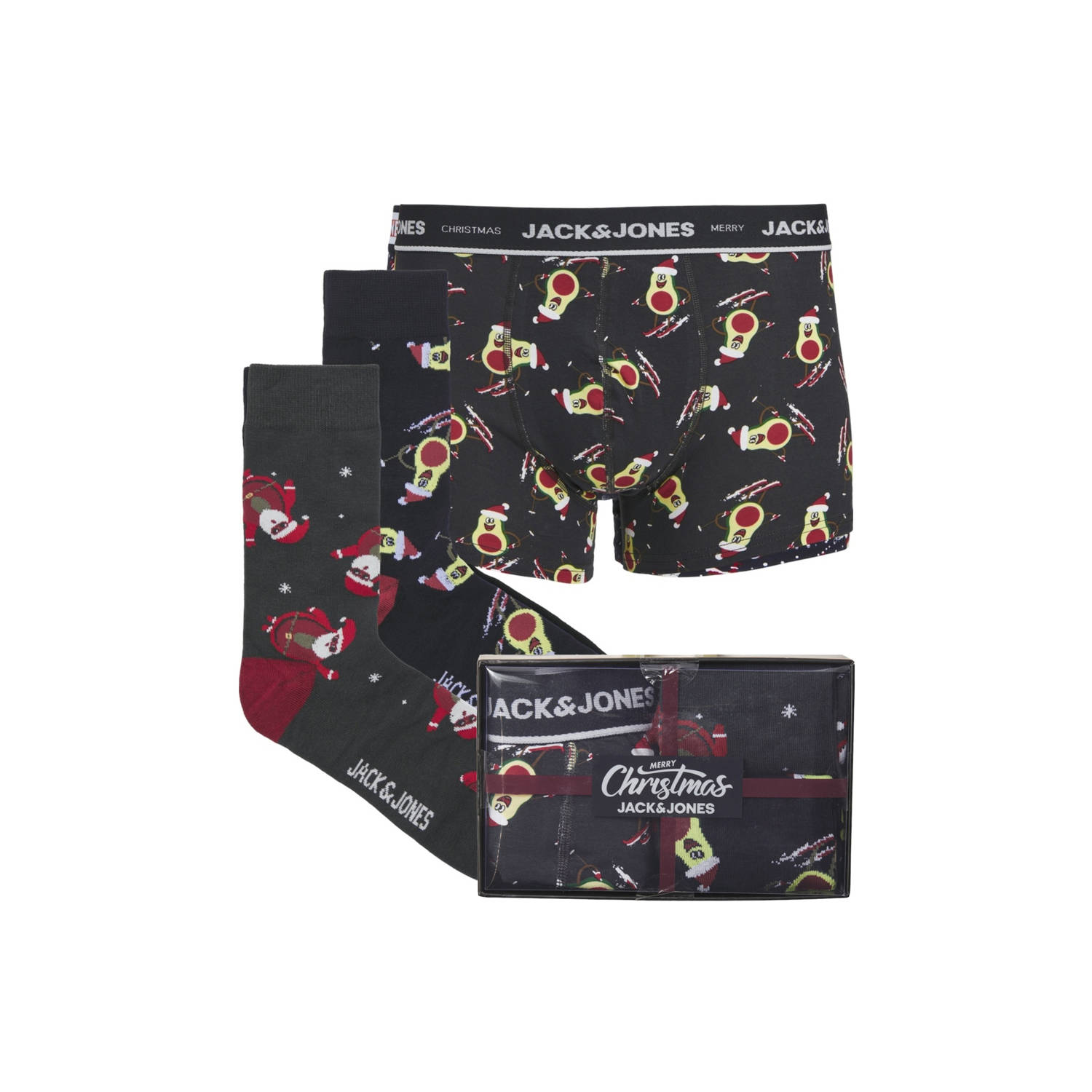 JACK & JONES giftbox boxershort + 2 paar sokken JACXMAS donkerblauw met kerst print