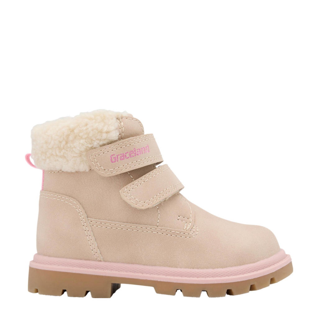 Lichtroze meisjes Graceland enkelboots van imitatieleer met profielzool, klittenband en effen
