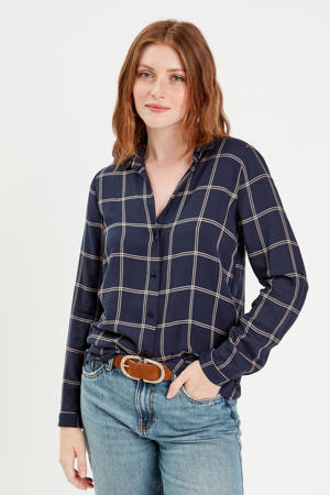 geruite blouse donkerblauw/ecru