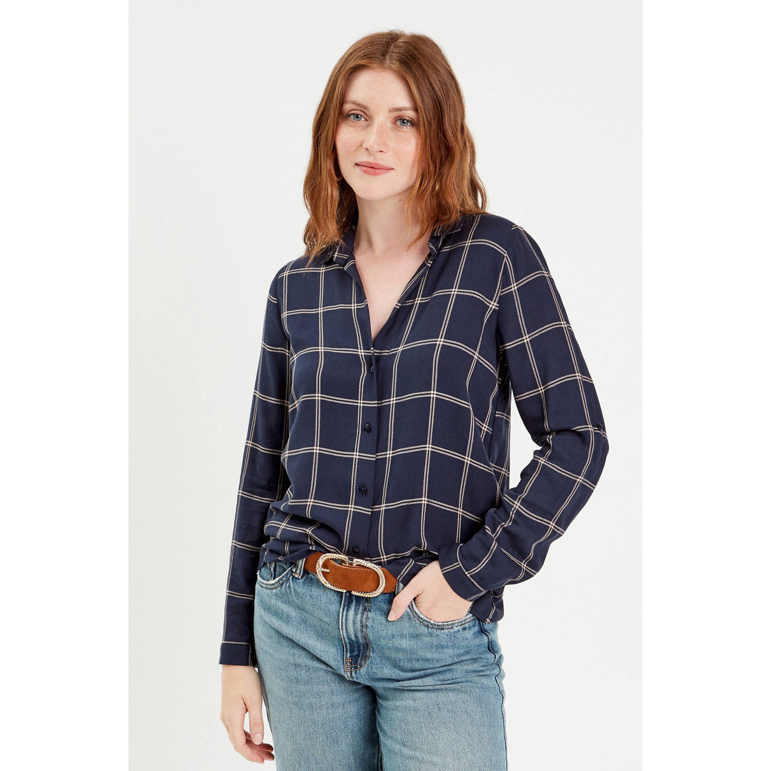 Cache geruite blouse donkerblauw ecru