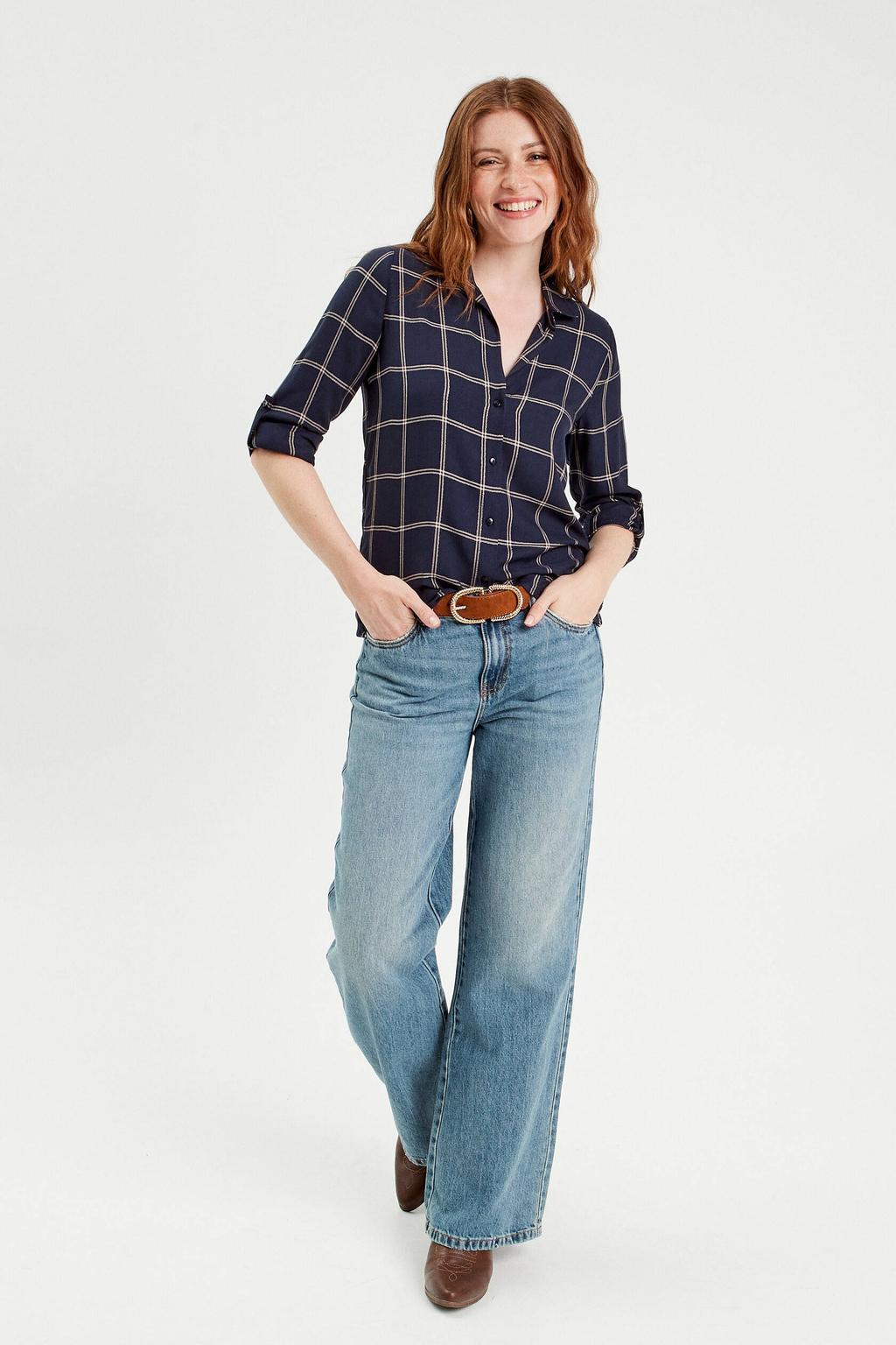Donkerblauw en ecru dames Cache Cache geruite blouse van viscose met lange mouwen, klassieke kraag en knoopsluiting