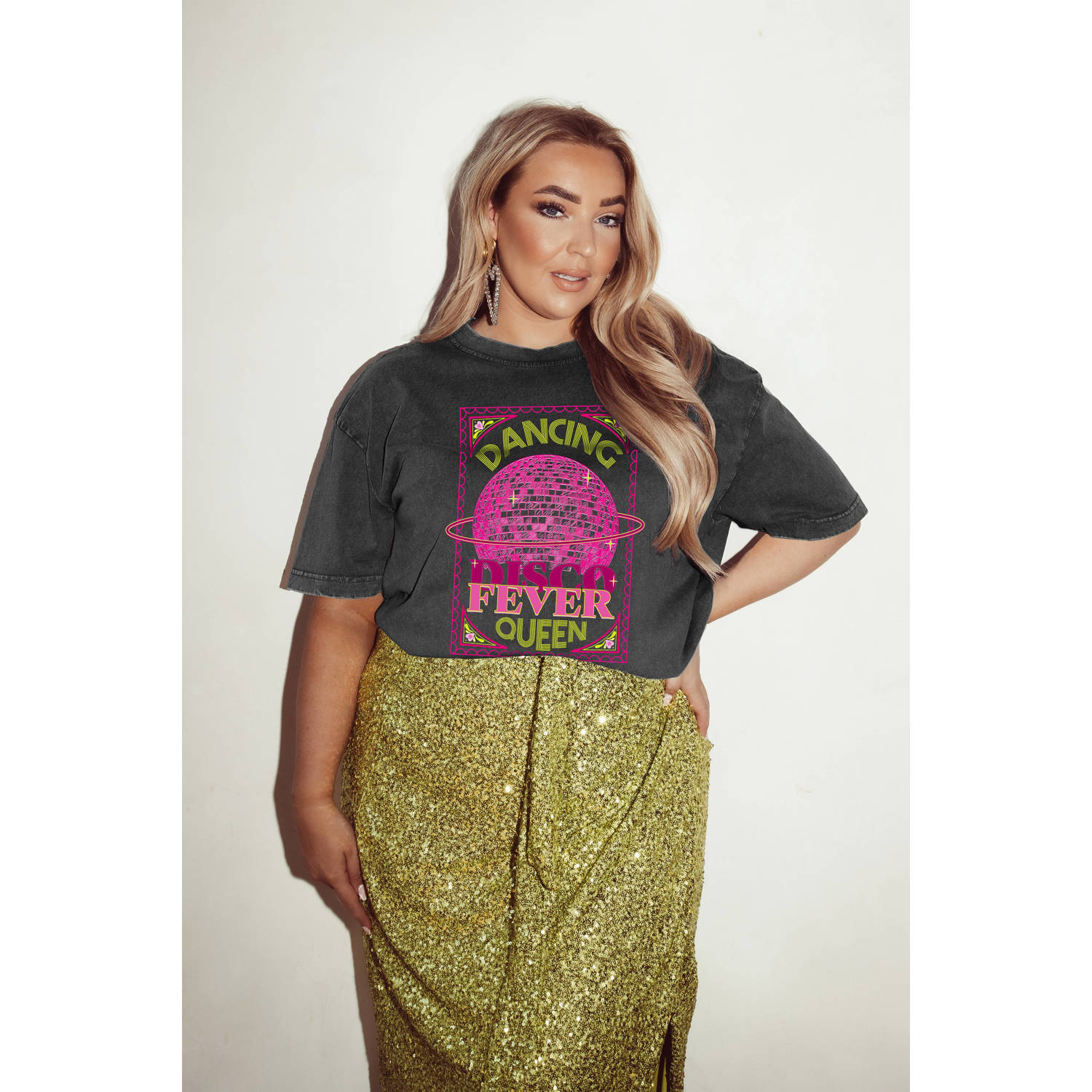 Pinned by K Curve T-shirt met printopdruk grijs roze groen