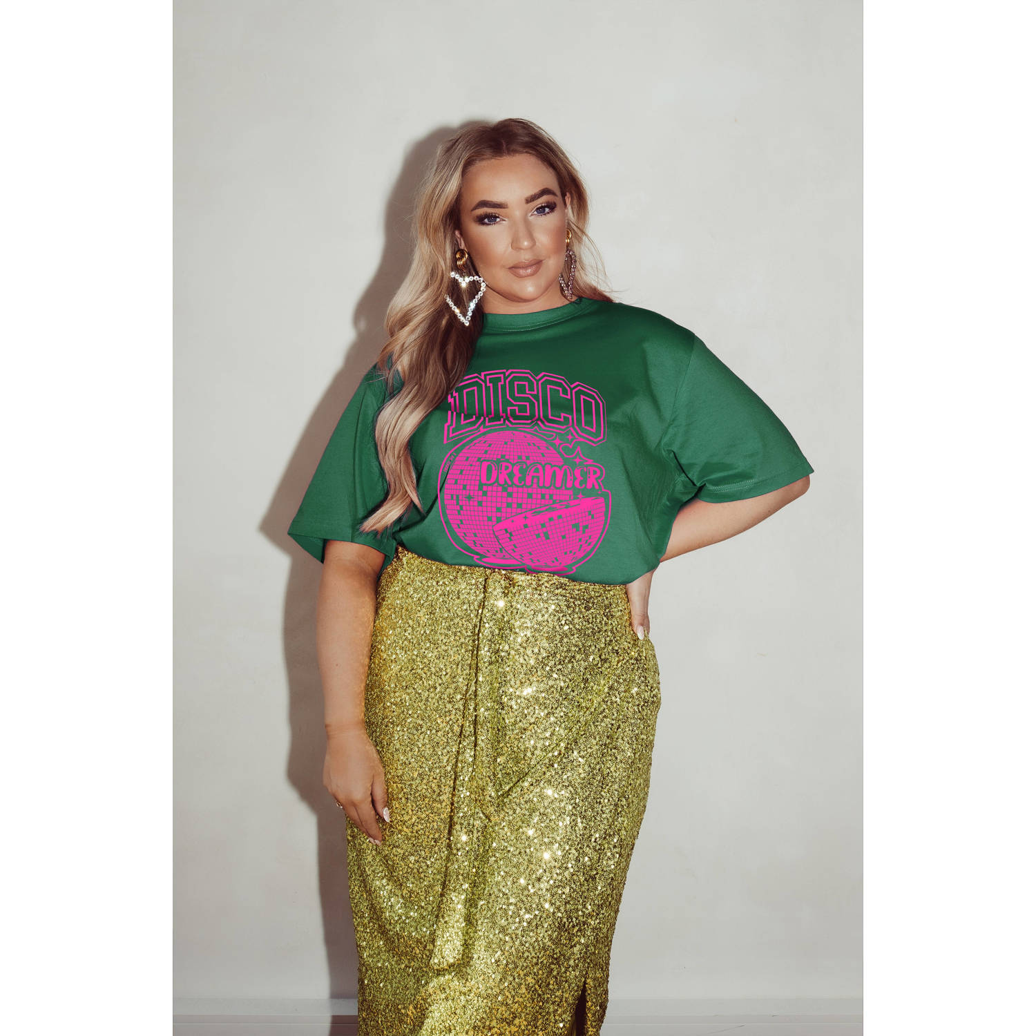 Pinned by K Curve T-shirt met printopdruk groen roze
