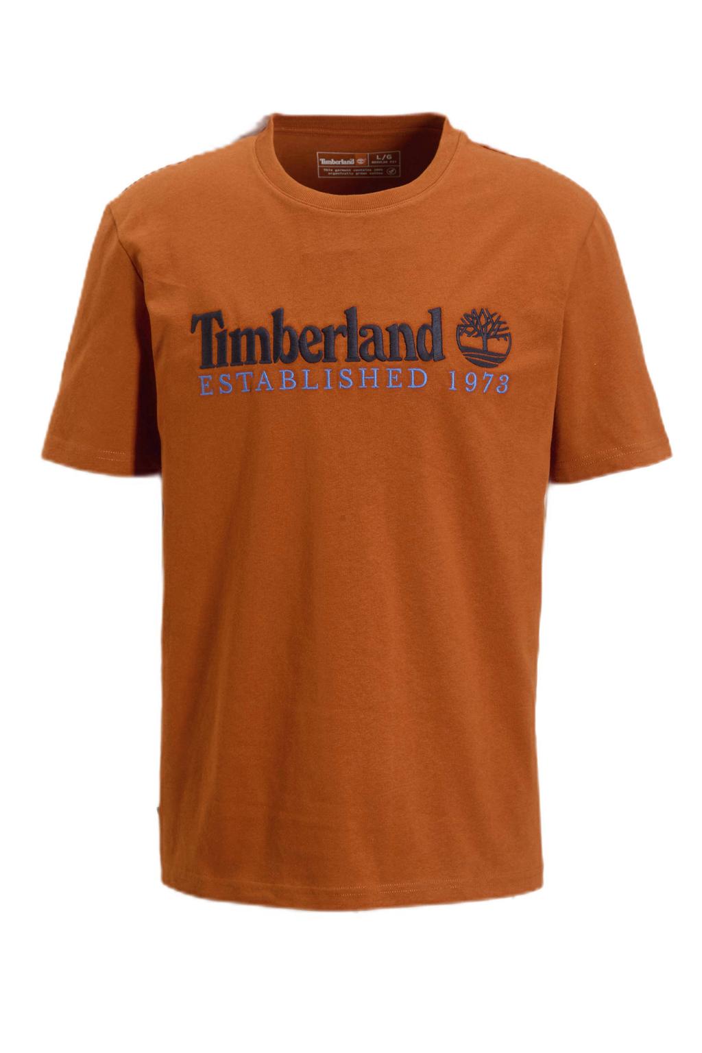 Oranje heren Timberland T-shirt van katoen met logo dessin, korte mouwen en ronde hals