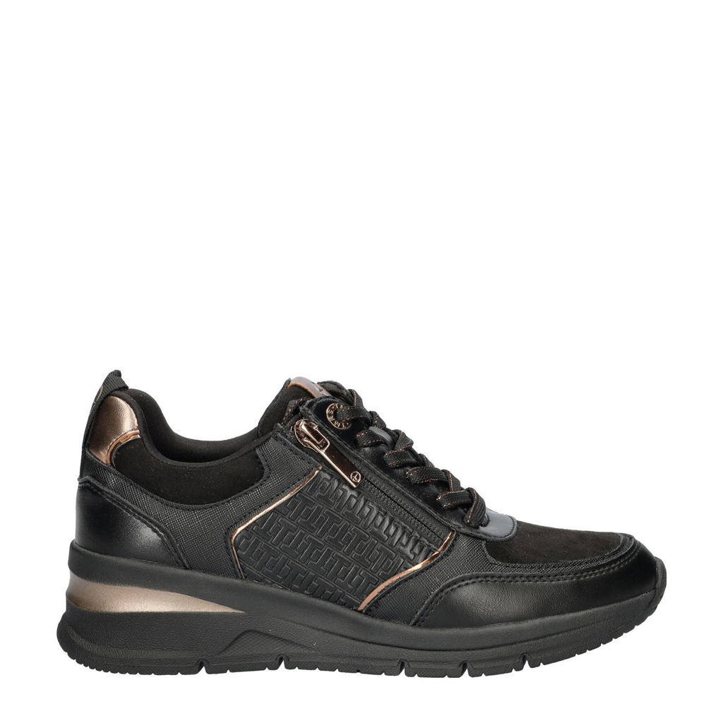 Zwarte dames Tamaris sneakers van imitatieleer met rits- en vetersluiting