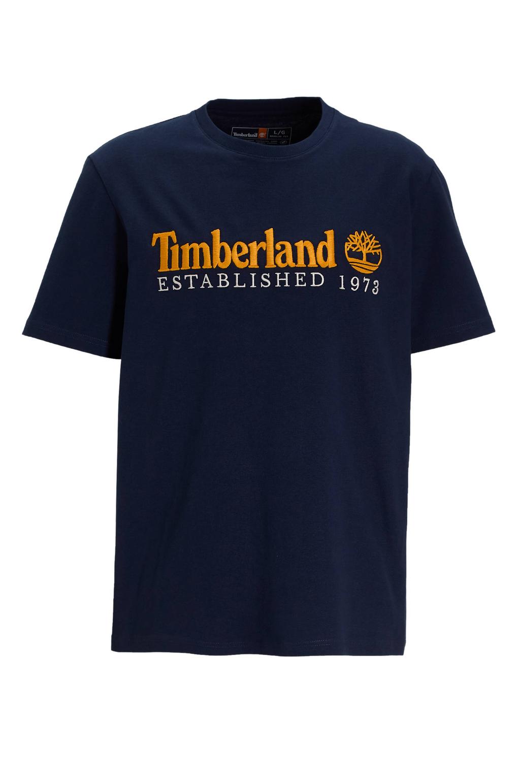 Blauwe heren Timberland T-shirt van katoen met logo dessin, korte mouwen en ronde hals