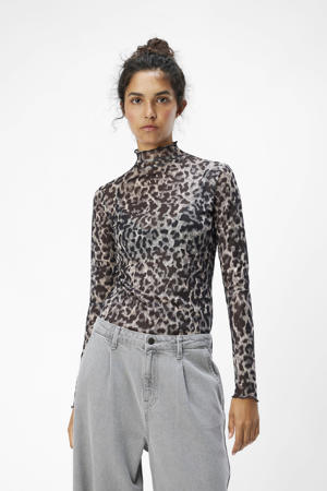 top OBJNELA met panterprint en mesh grijs/ zwart/ creme