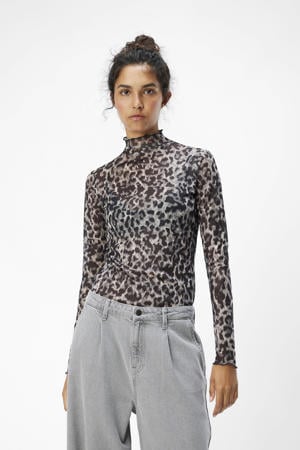 top OBJNELA met panterprint en mesh grijs/ zwart/ creme