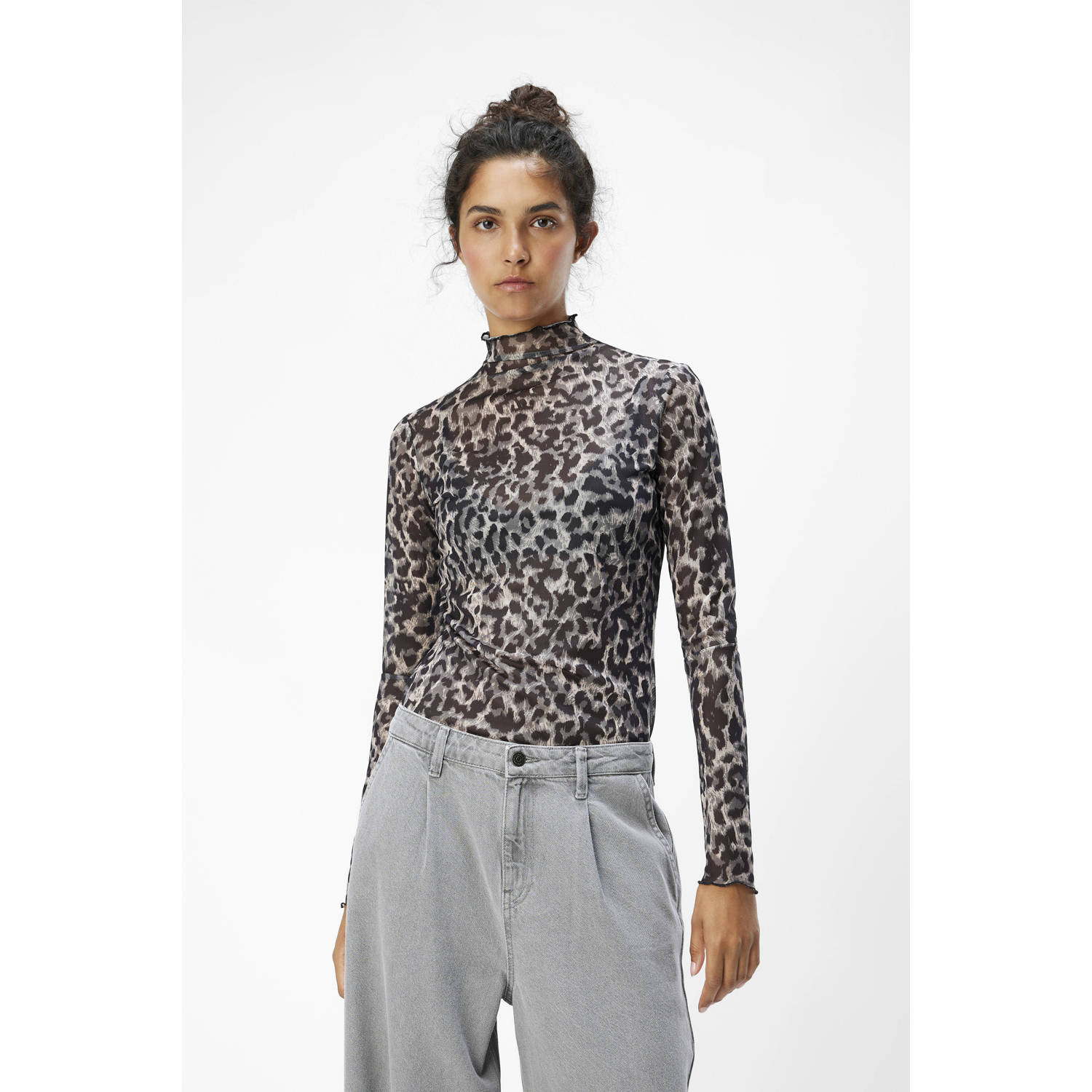 OBJECT top OBJNELA met panterprint en mesh grijs zwart creme