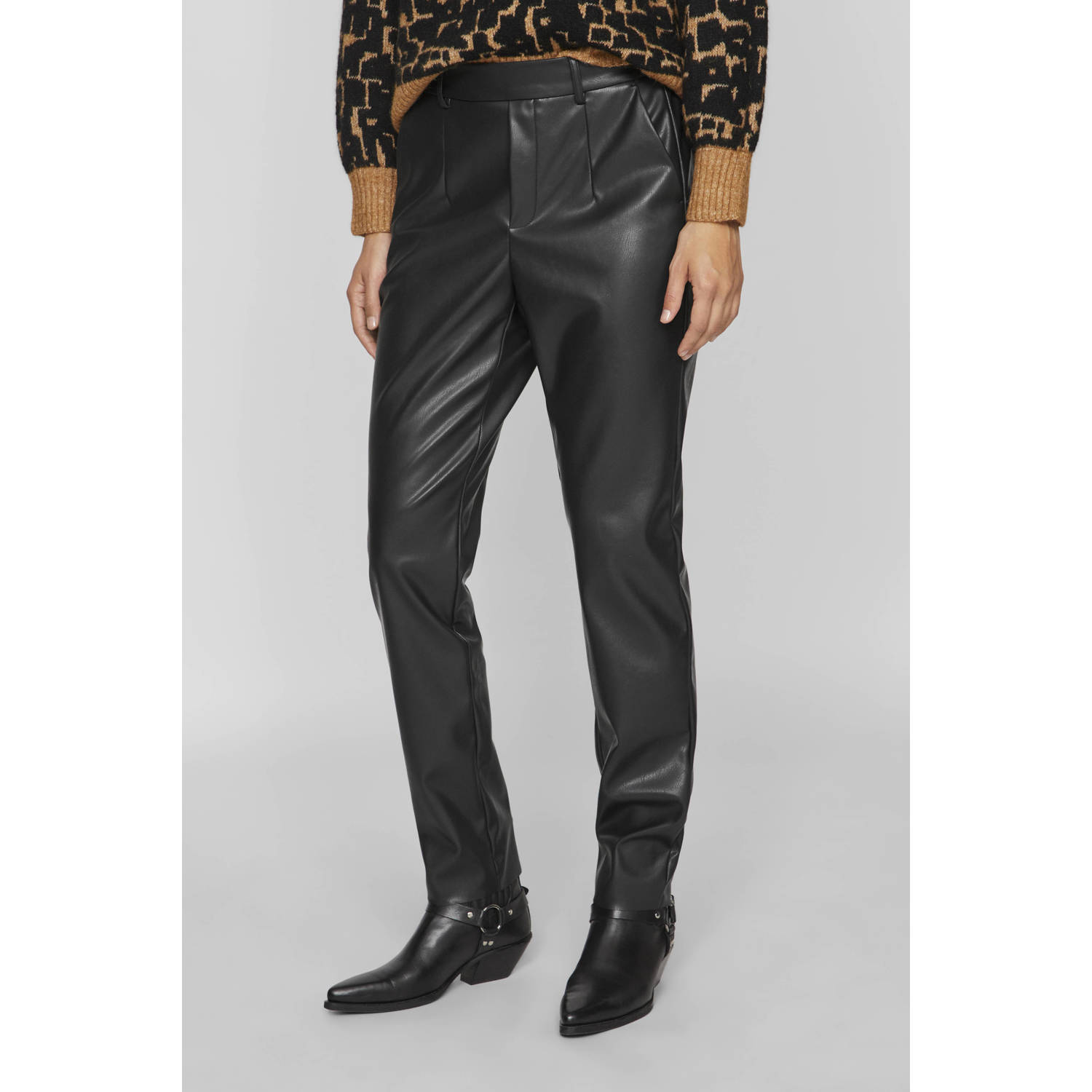 VILA imitatieleren high waist slim fit broek VIDAGMAR zwart
