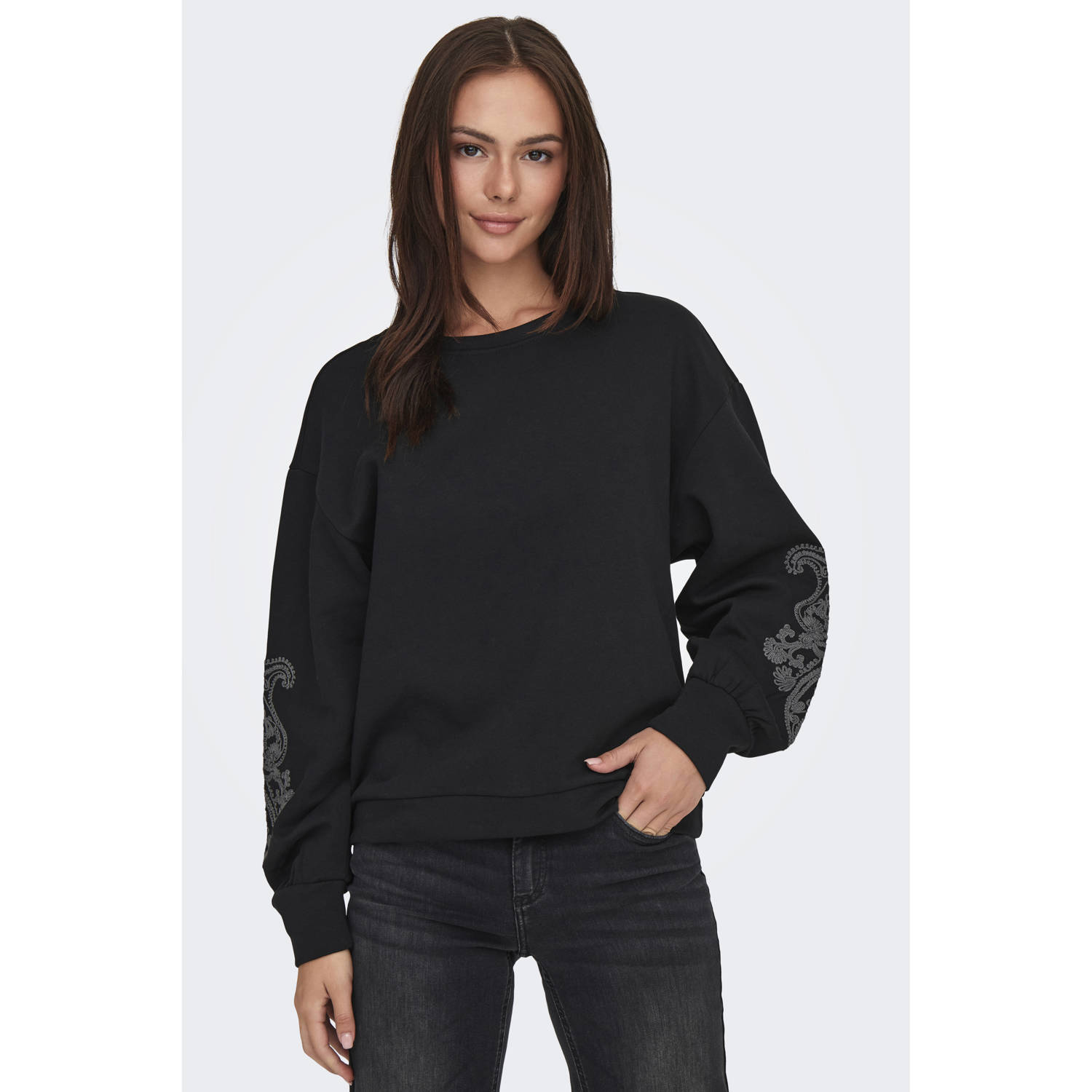 Only Geborduurde Trui Zwart Paisley Magneet Black Dames