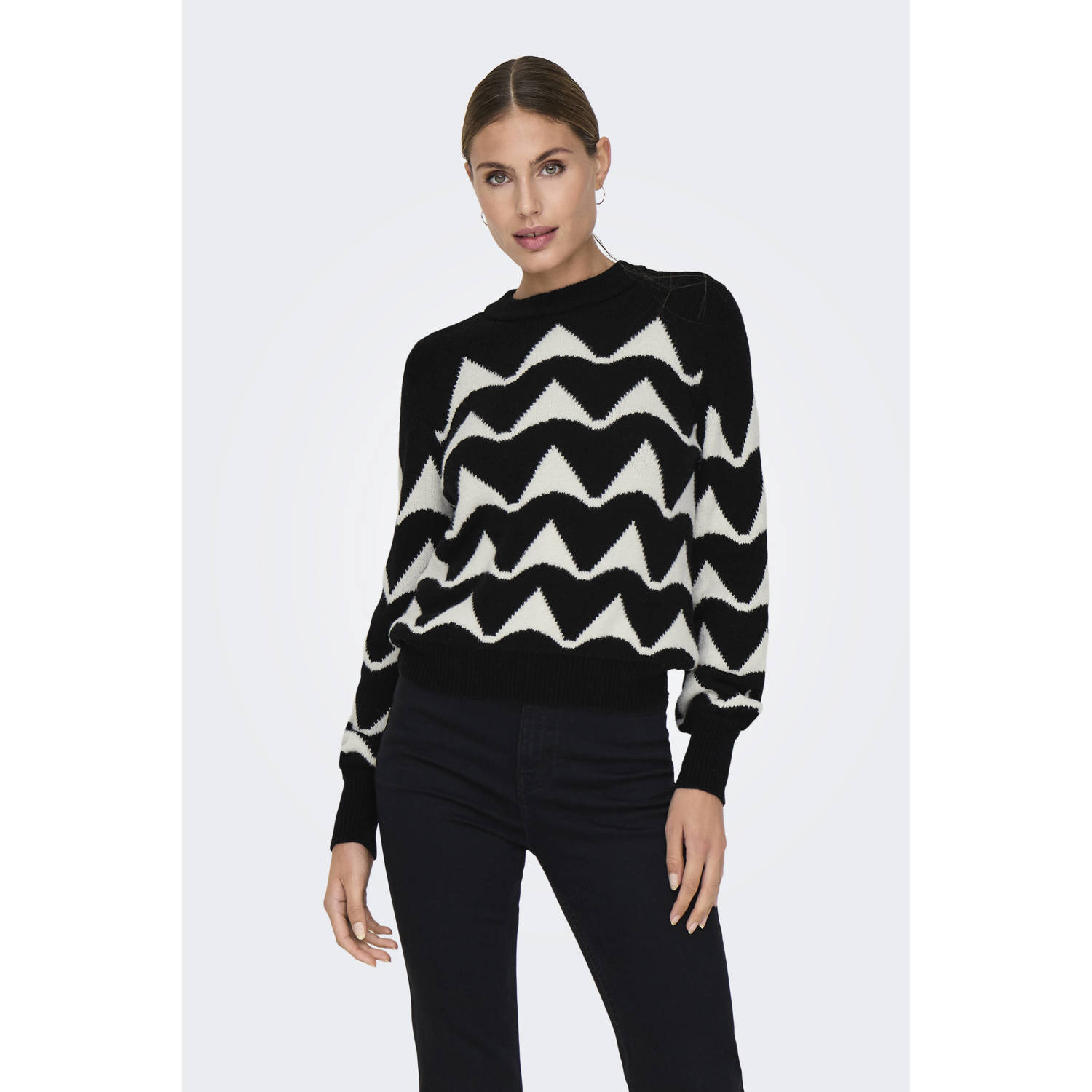 Jacqueline de Yong Geometrisch Patroon Gebreide Trui Lange Mouw Black Dames