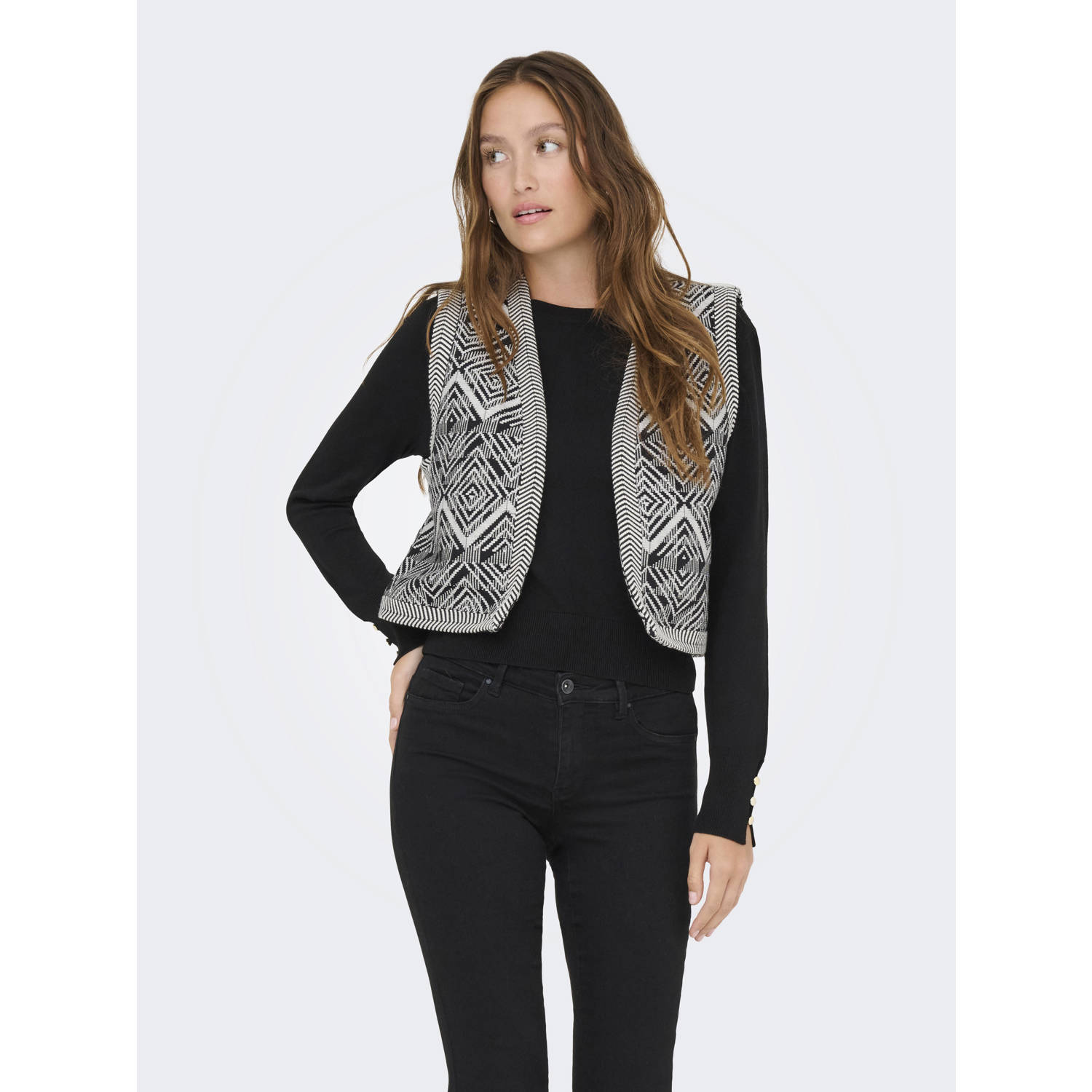 Only Jaquard Vest in Pumice Stone Black Pattern Gray Dames