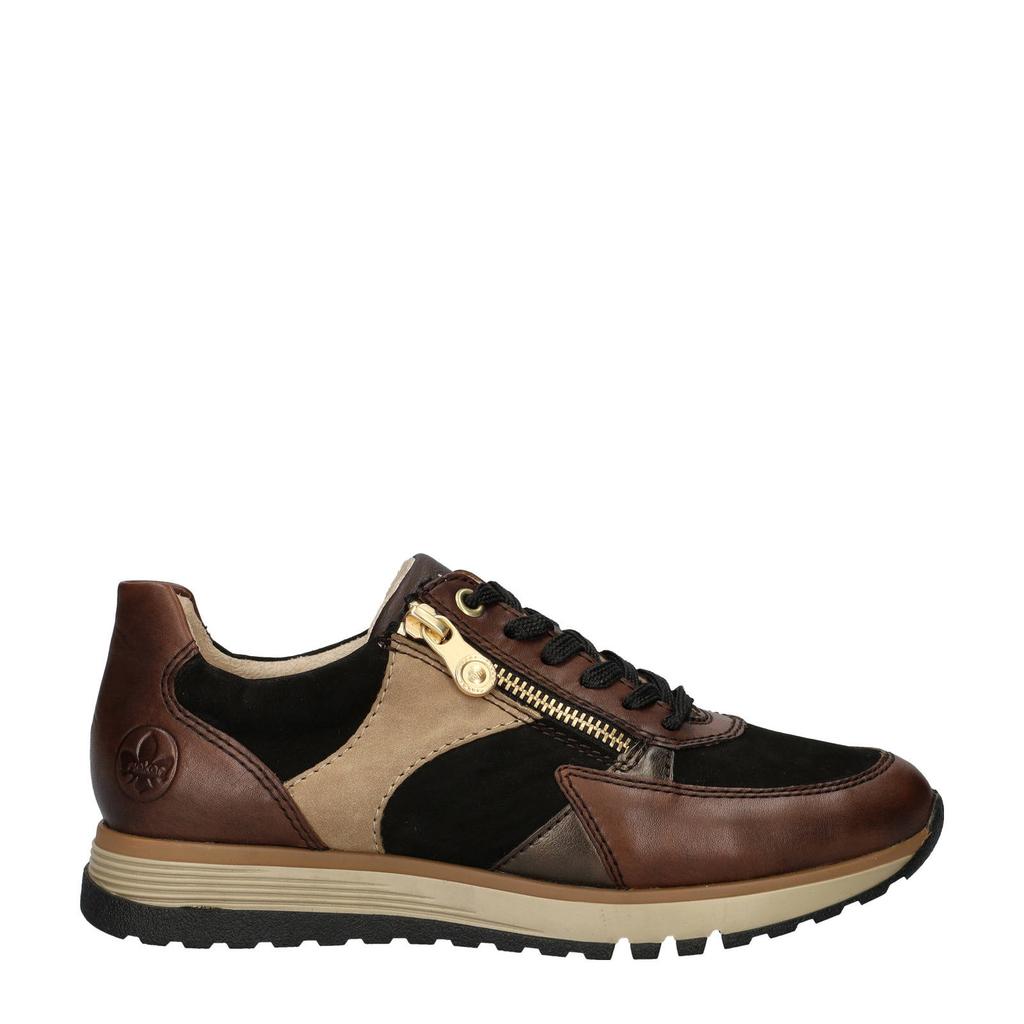 Bruine dames Rieker comfort leren sneakers met rits- en vetersluiting