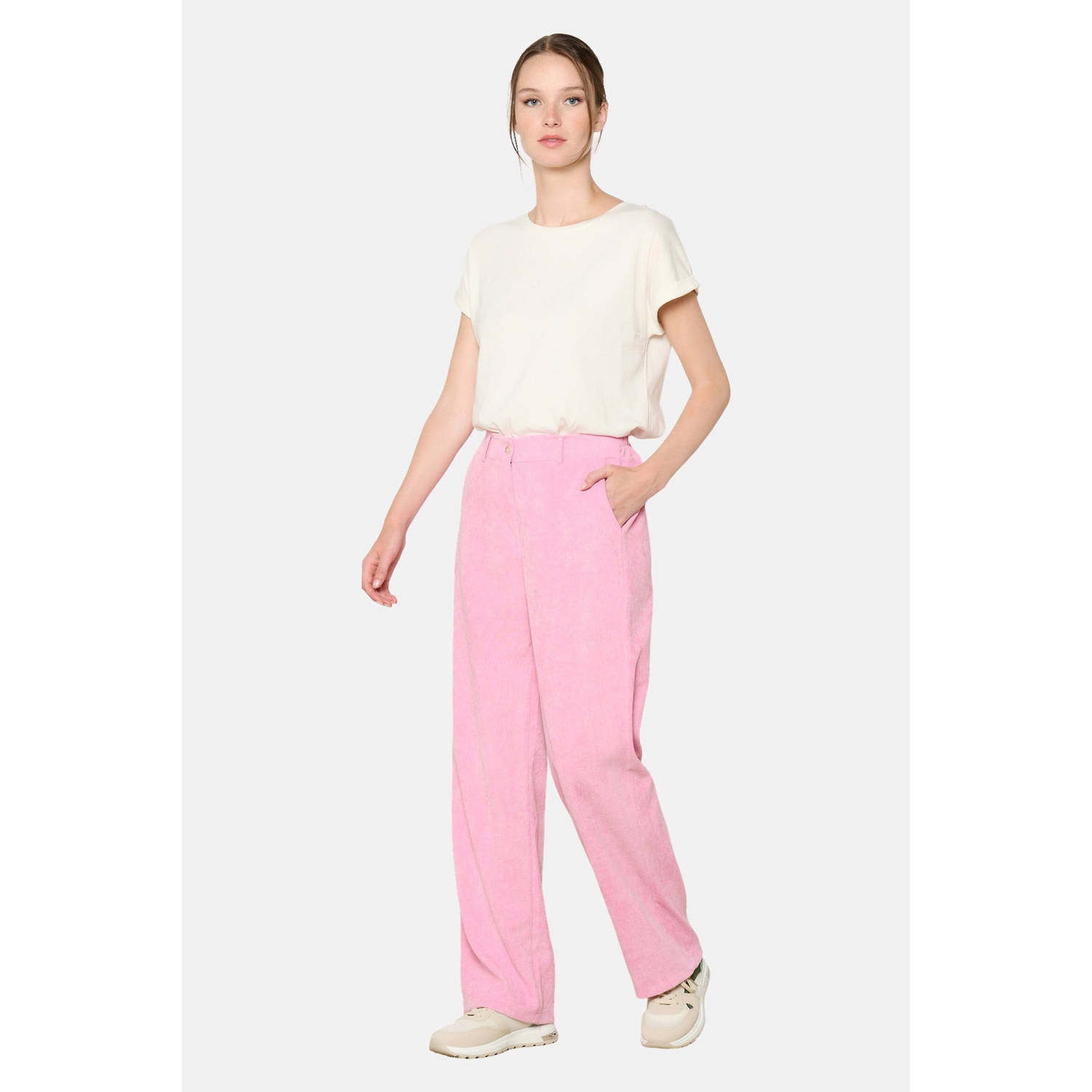 LOLALIZA corduroy high waist wide leg broek roze