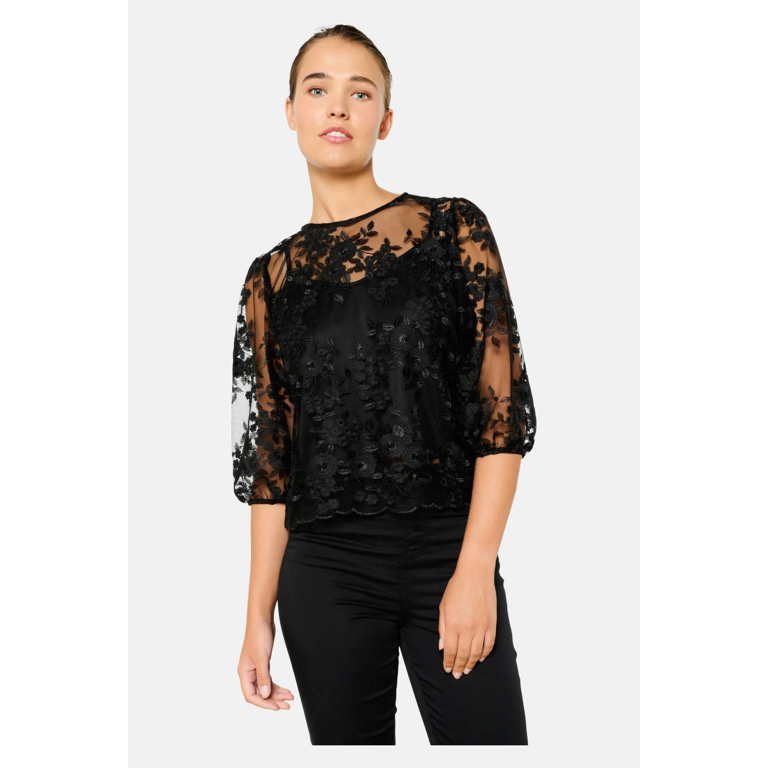 LOLALIZA gebloemde mesh top zwart